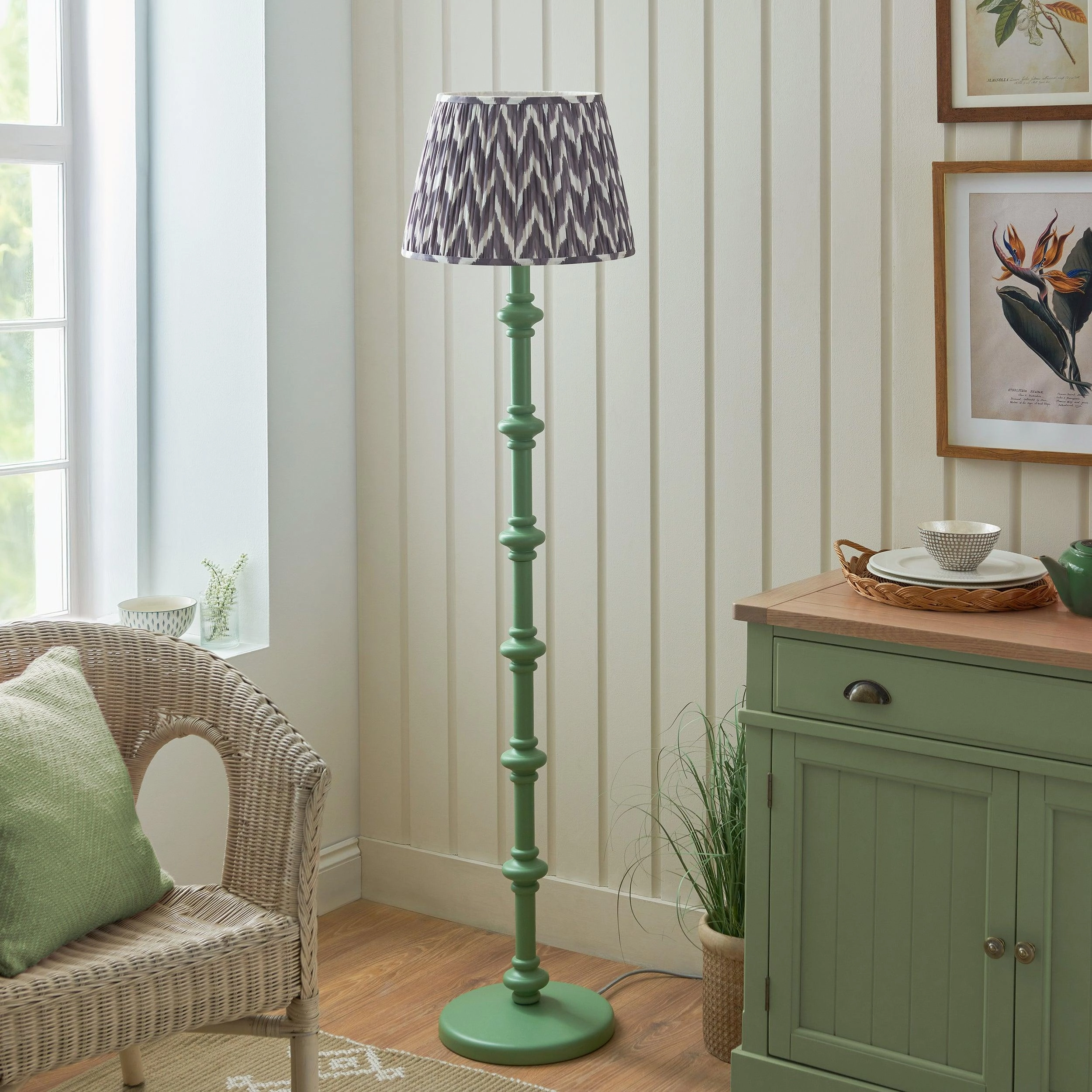 Carnaby Green Wooden Floor Lamp & Zigzag 40cm Pearl Grey Shade