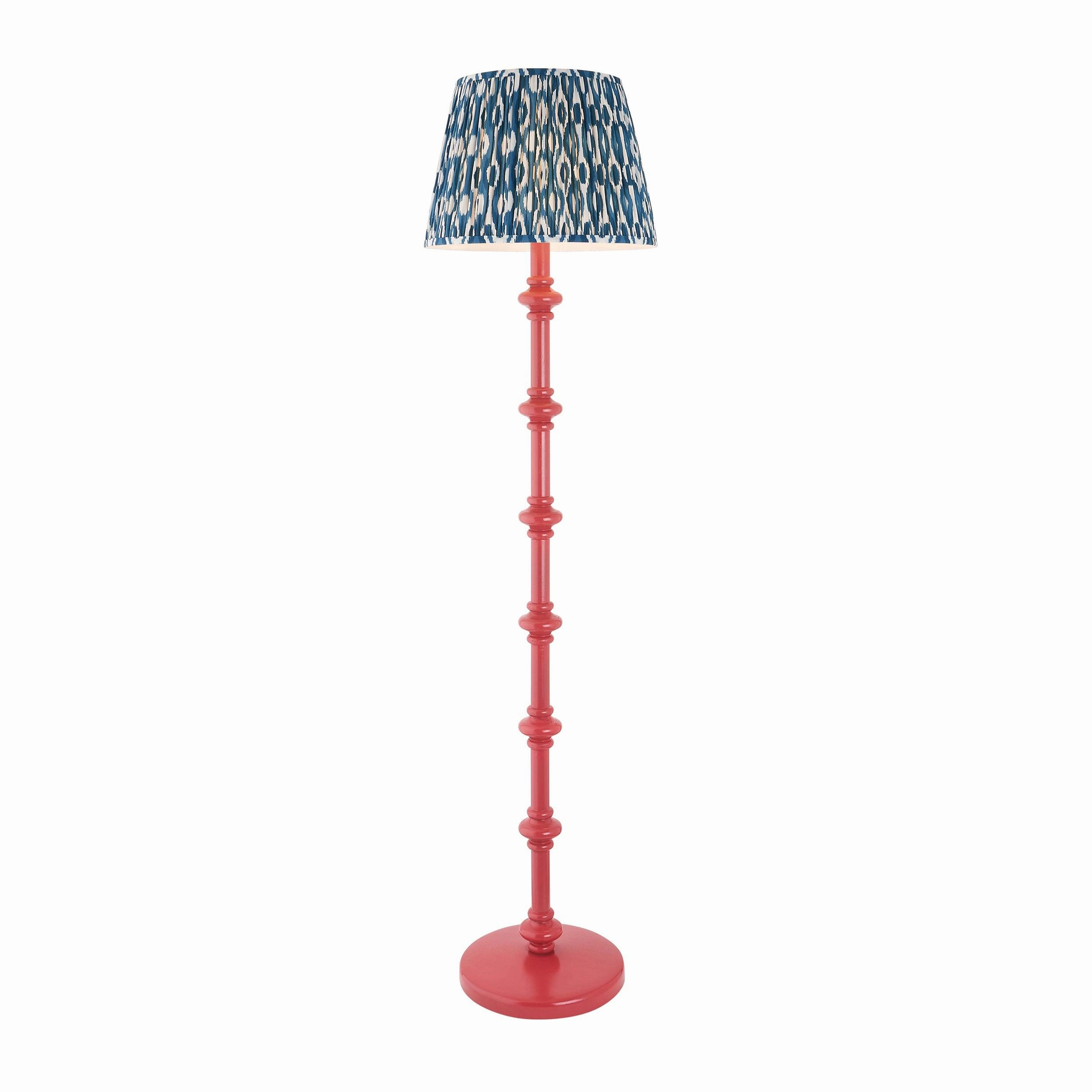 Carnaby Pink Wooden Floor Lamp & Ikat 40cm Marlin Blue Shade