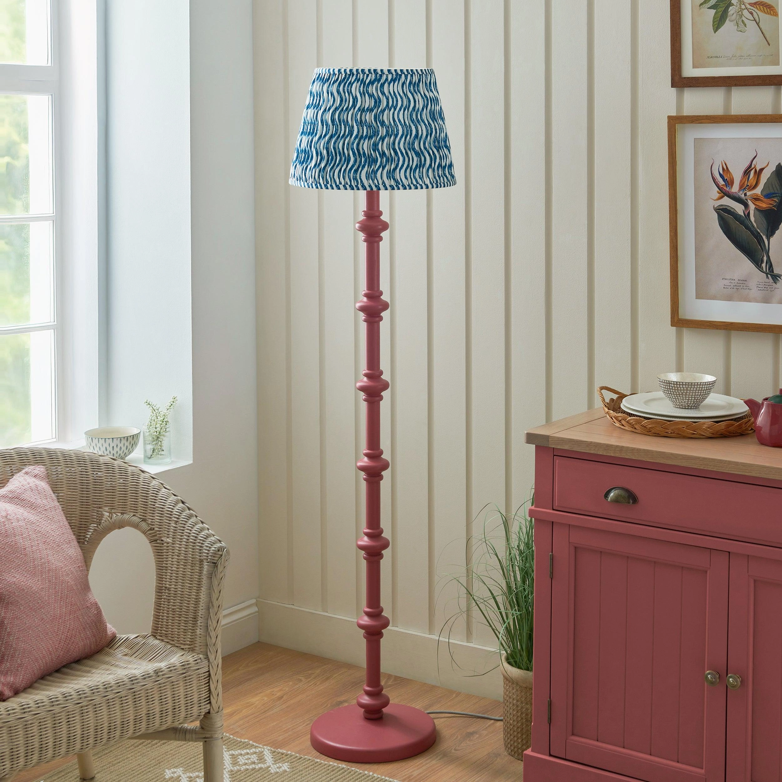 Carnaby Pink Wooden Floor Lamp & Ripple 40cm Marlin Blue Shade