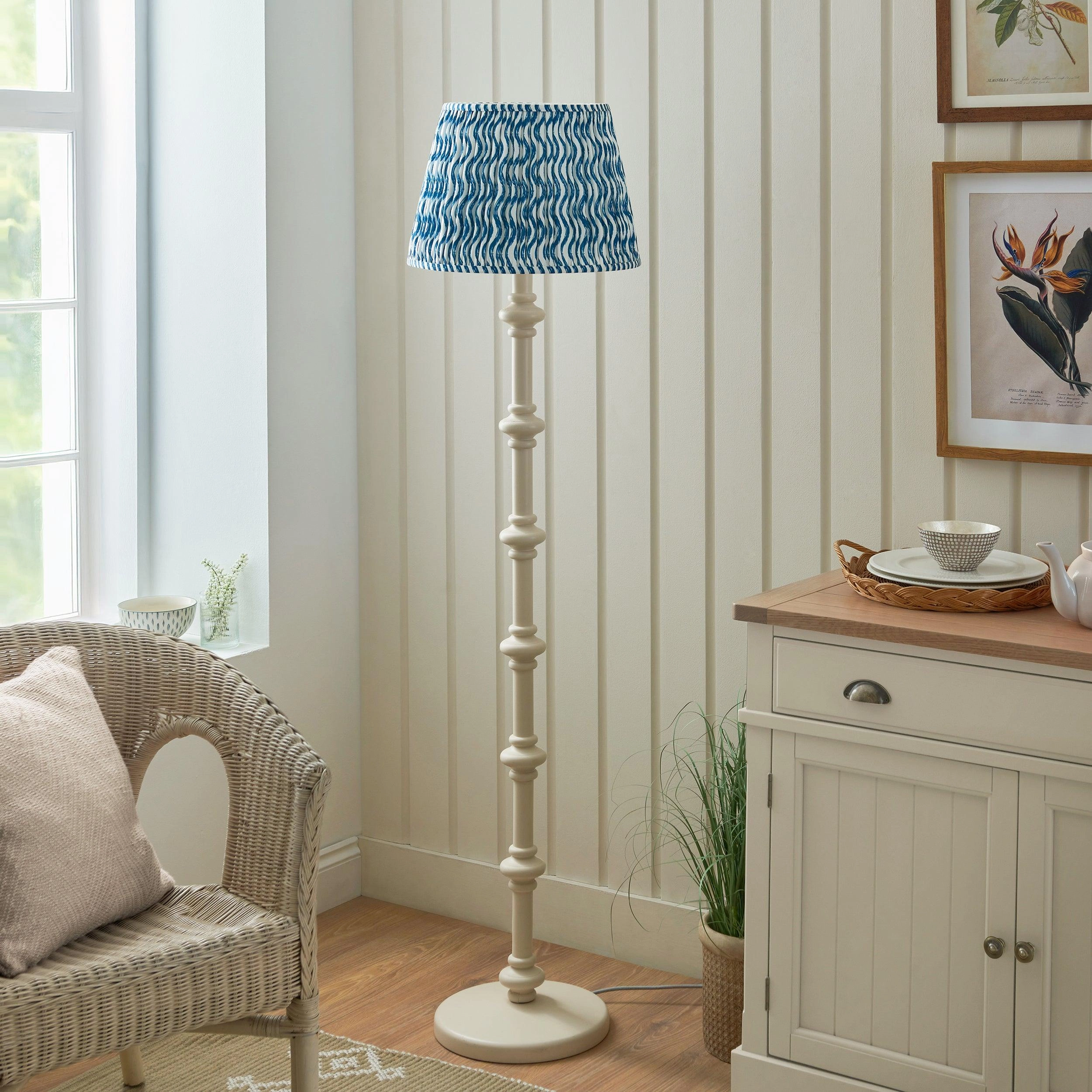 Carnaby White Wooden Floor Lamp & Ripple 40cm Marlin Blue Shade