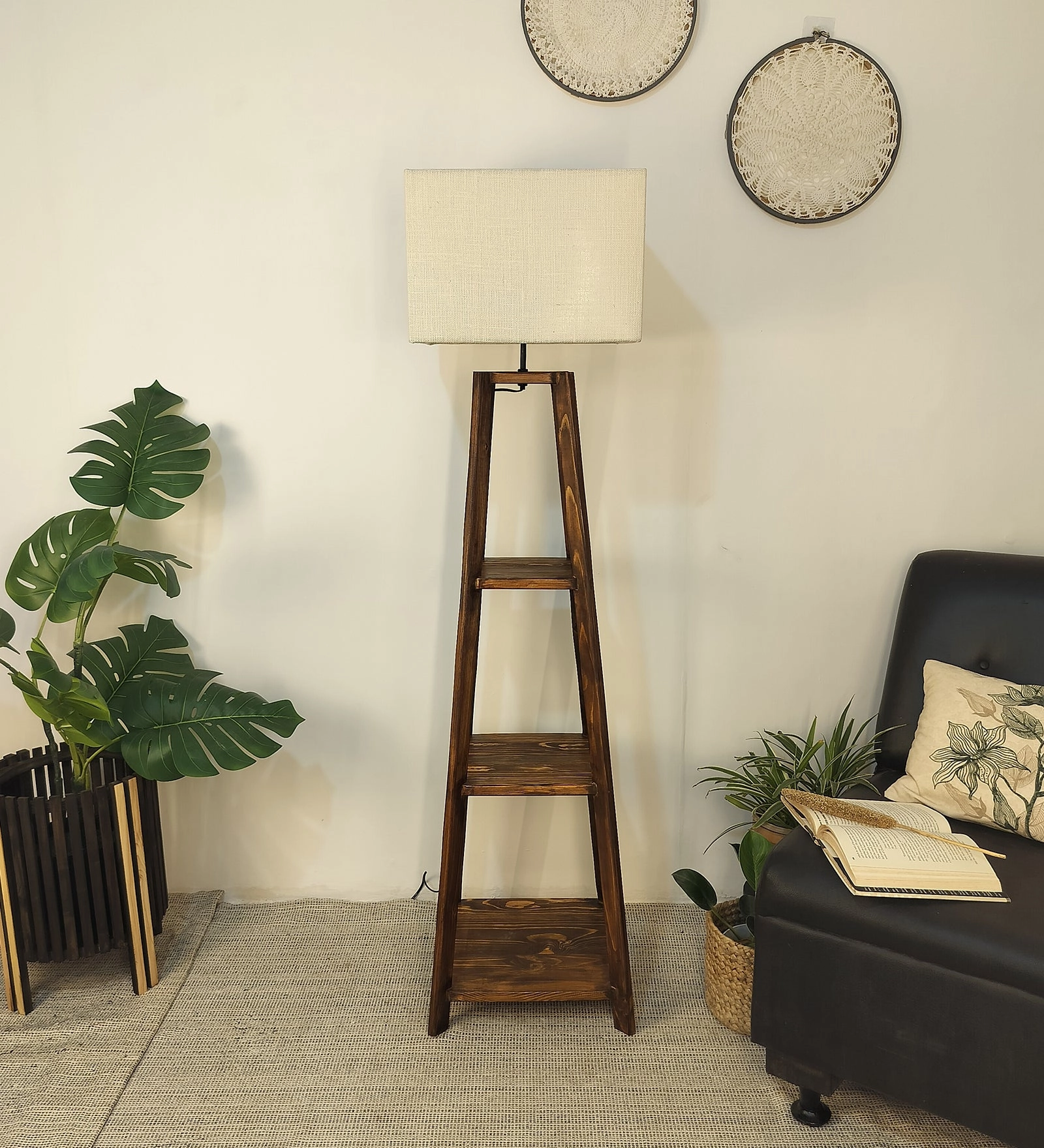 Charlotte Wooden Floor Lamp with Brown Base and Jute Fabric Lampshade (BULB NOT INCLUDED) decorative ceiling fixture