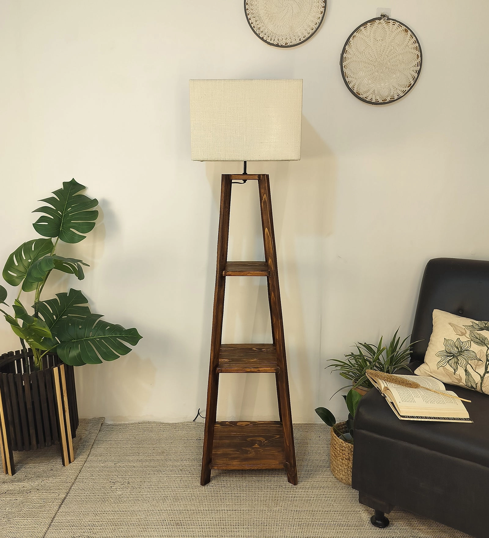 Charlotte Wooden Floor Lamp with Brown Base and Jute Fabric Lampshade (BULB NOT INCLUDED) creative lampshade design