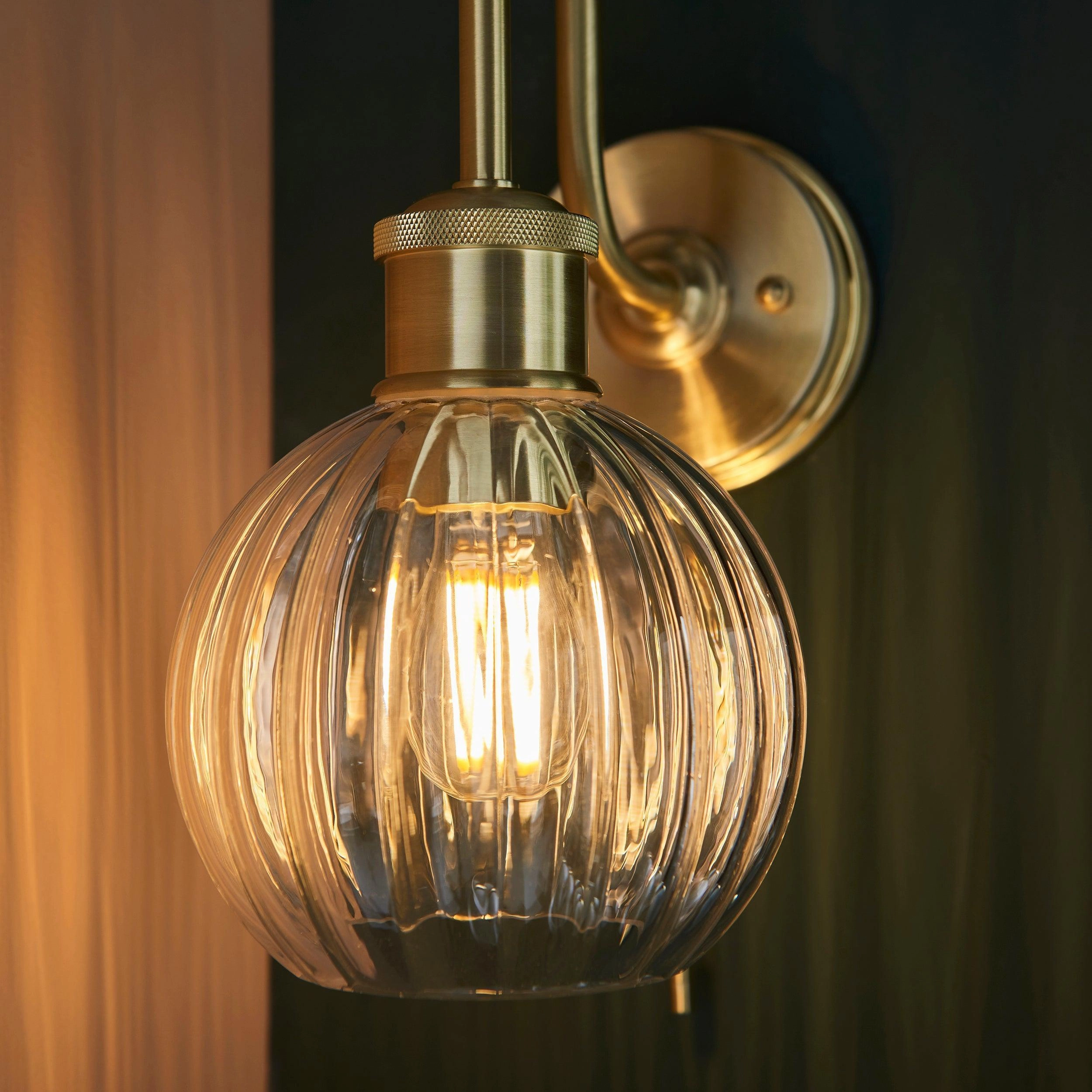 Chelsea Brass Bathroom Wall Light - Clear Ribbed Glass Shade