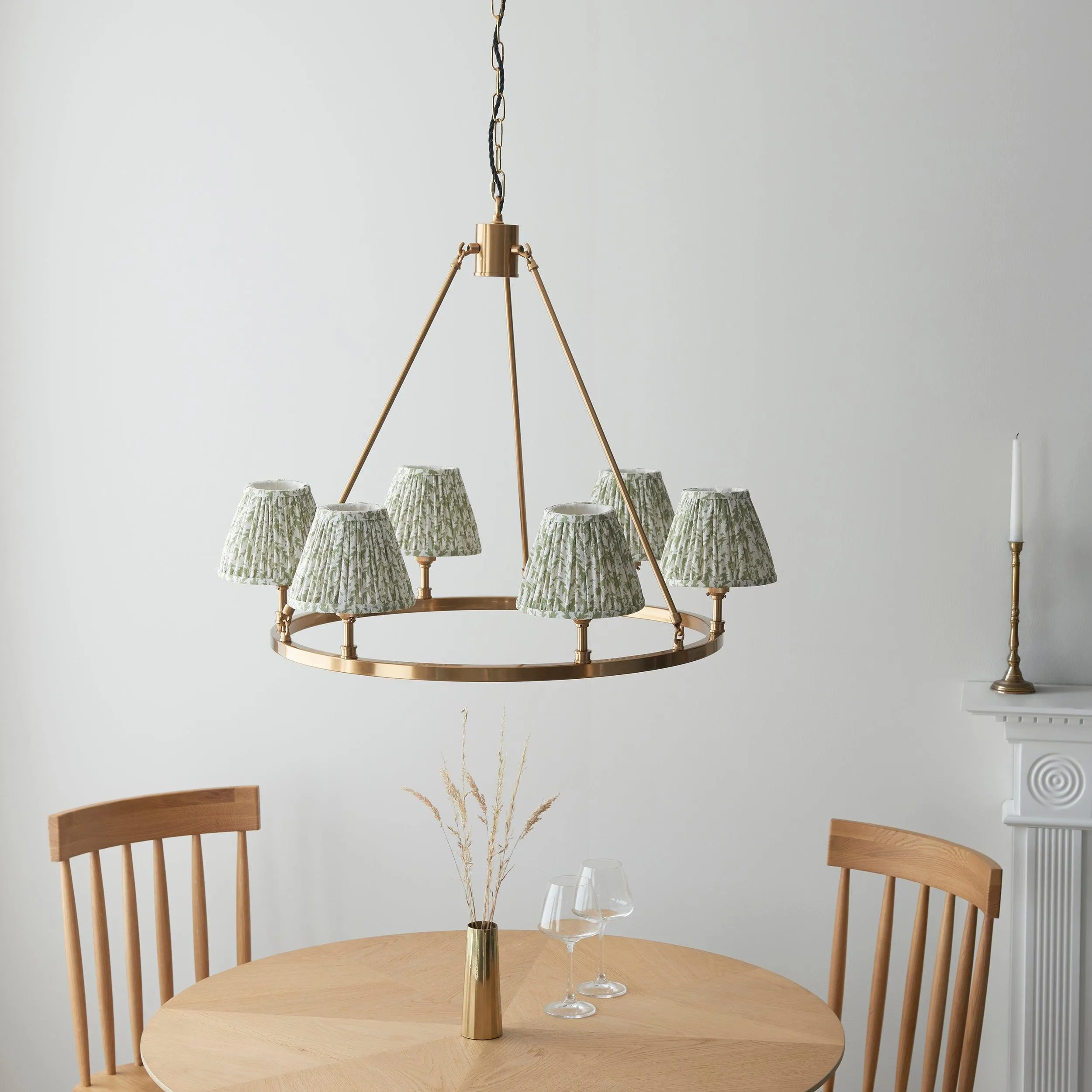 Chester Large Brass Ceiling Pendant Light With Green Leaf 16cm Shades