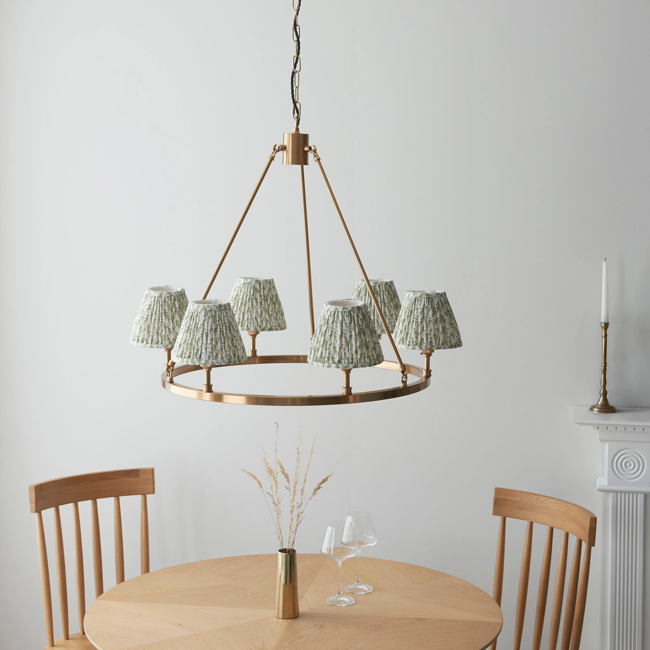 Chester Large Brass Ceiling Pendant Light With Green Leaf 16cm Shades