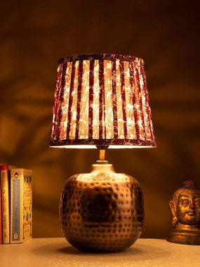 Copper Hammered Pot Lamp with Pleeted Multicolor Maroon Shade decorative ceiling fixture
