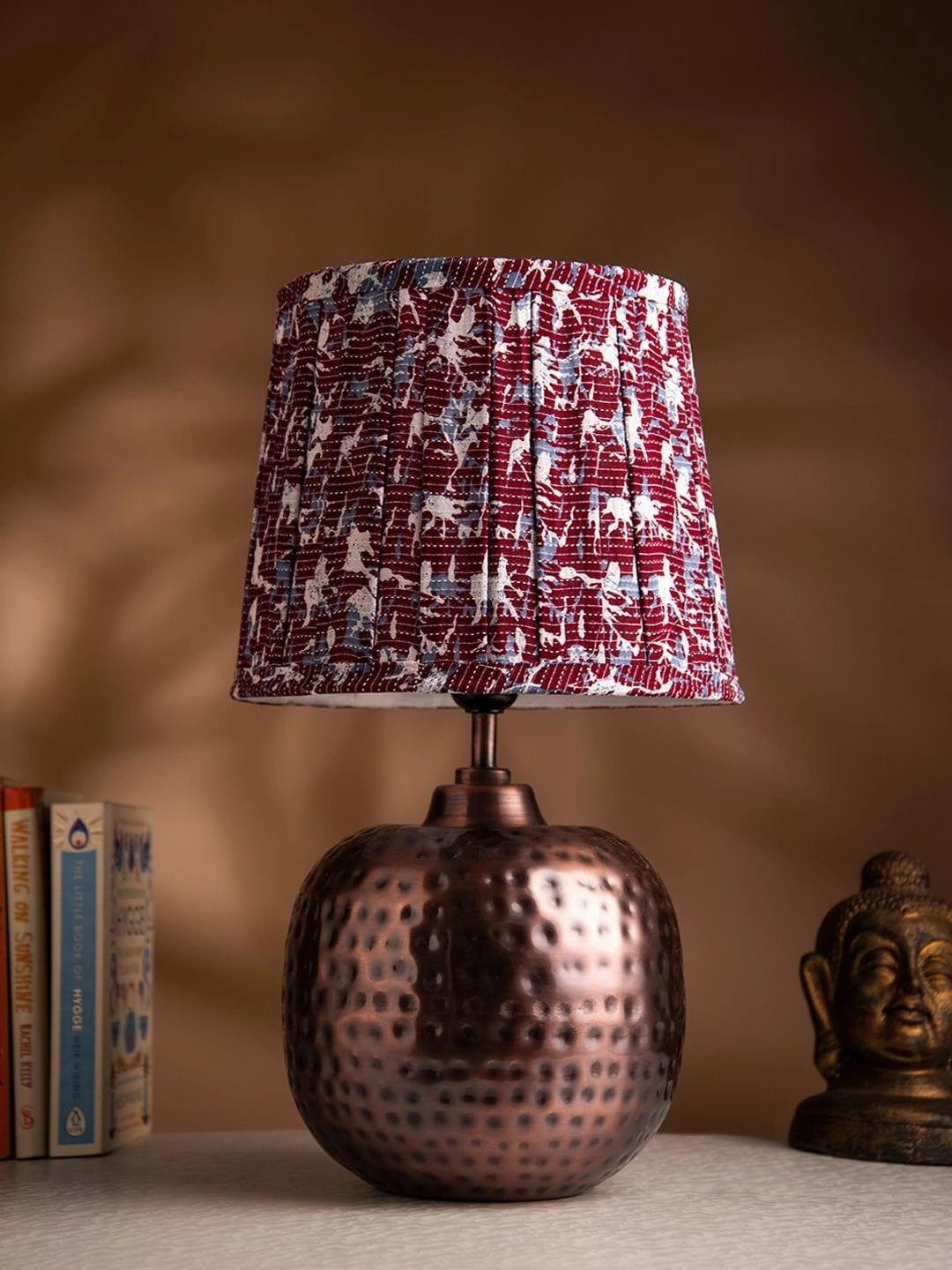 Copper Hammered Pot Lamp with Pleeted Multicolor Maroon Shade