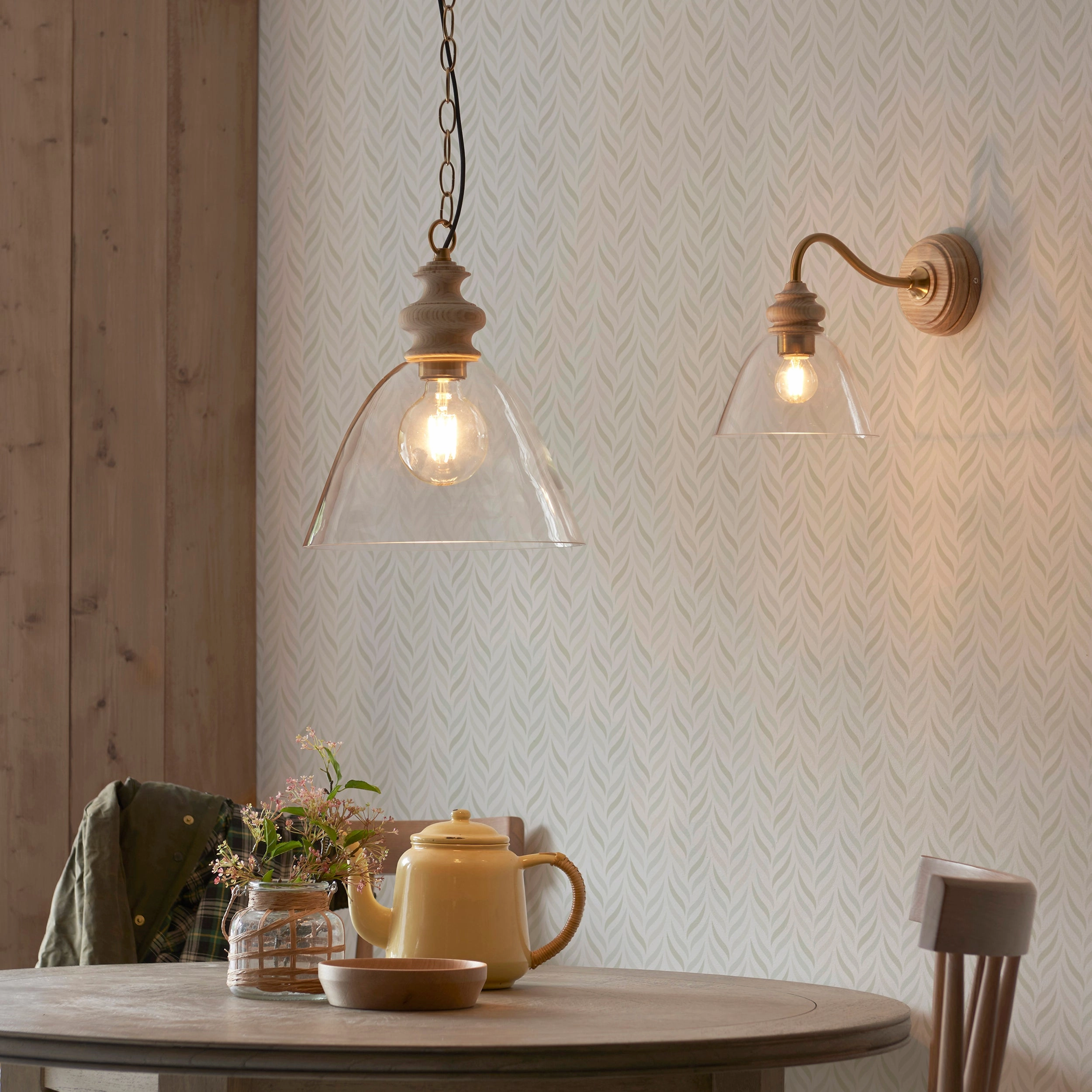 Cotswold Wood Pendant Ceiling Light with Glass Shade