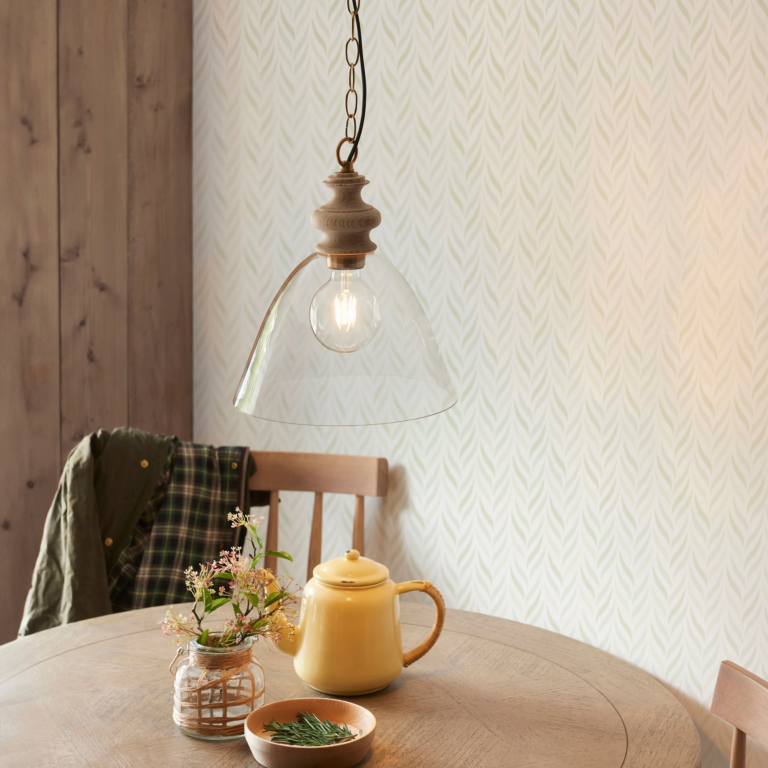 Cotswold Wood Pendant Ceiling Light with Glass Shade