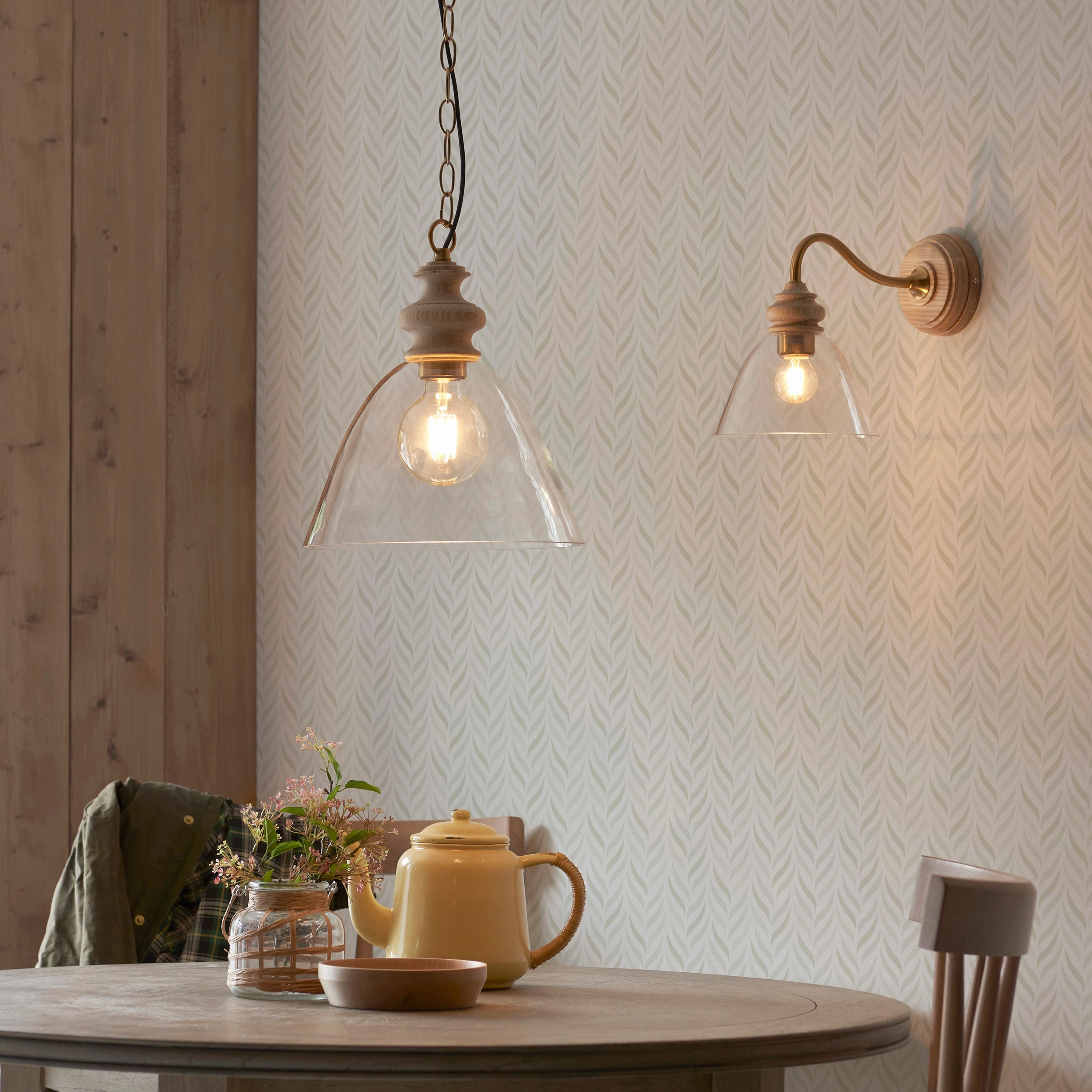 Cotswold Wood Pendant Ceiling Light with Glass Shade