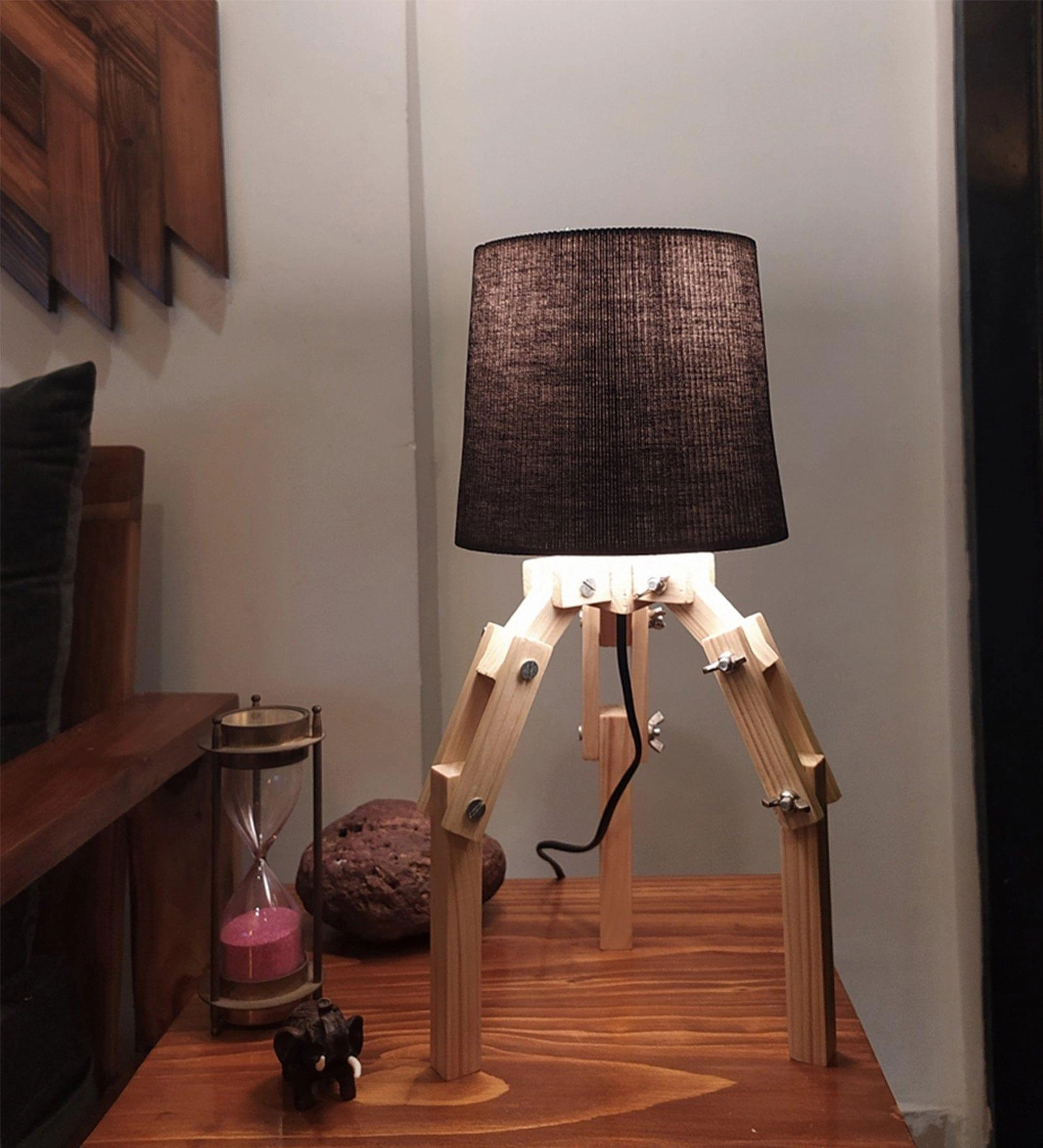 Crawler Beige Wooden Table Lamp with Black Fabric Lampshade (BULB NOT INCLUDED)