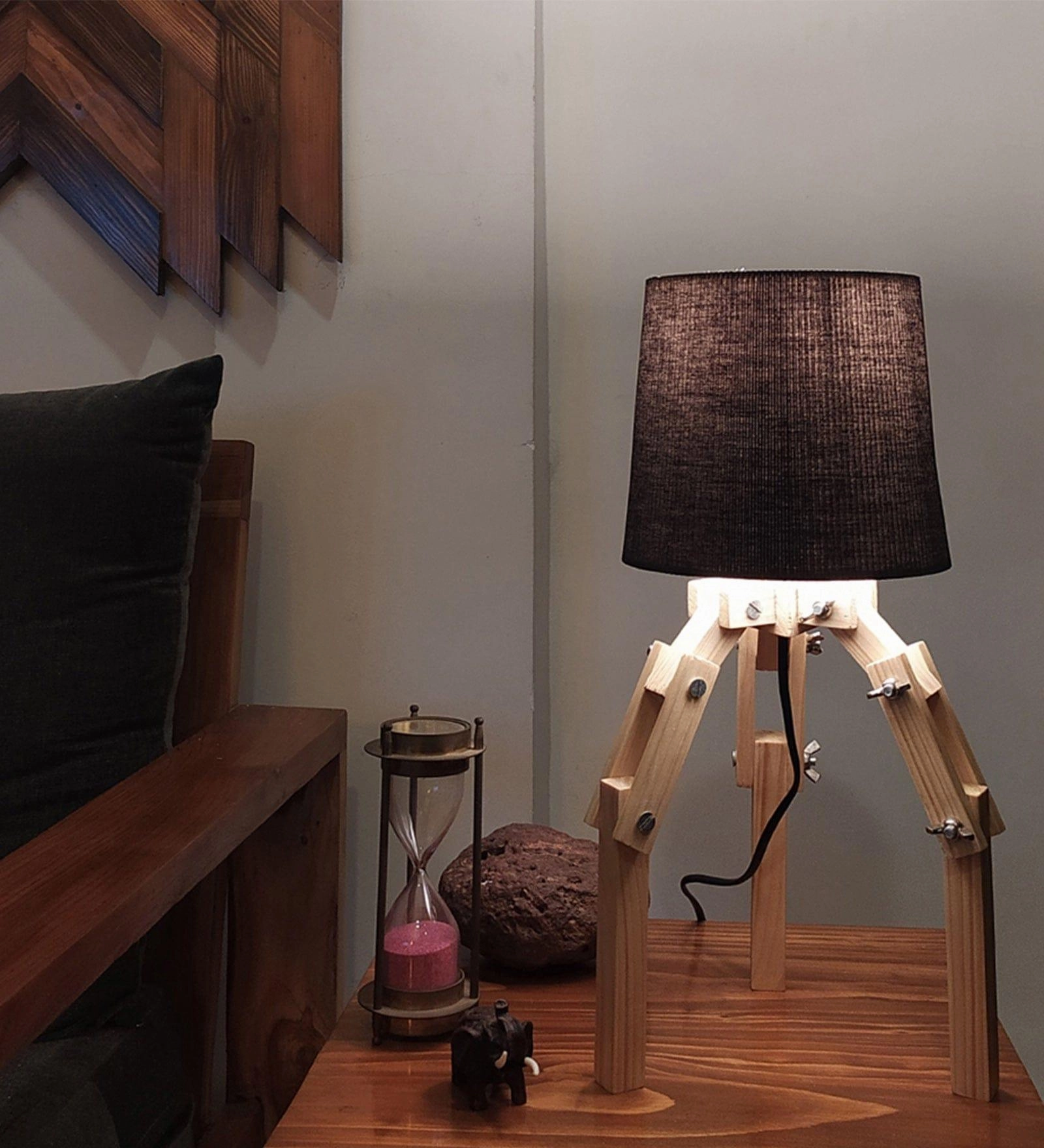 Crawler Beige Wooden Table Lamp with Black Fabric Lampshade (BULB NOT INCLUDED)