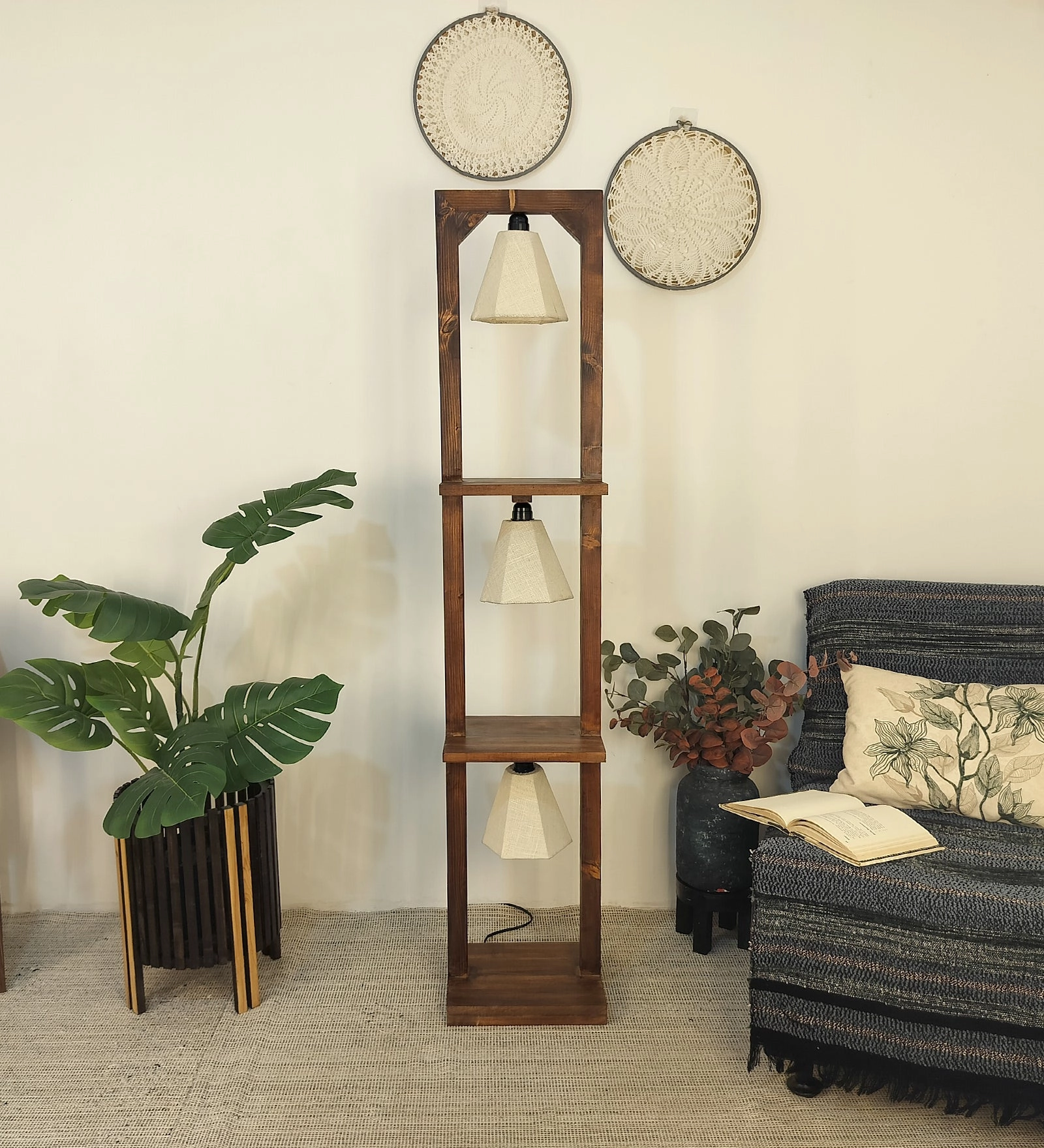 Daffodil Wooden Floor Lamp with Brown Base and Jute Fabric Lampshade (BULB NOT INCLUDED) creative lampshade design