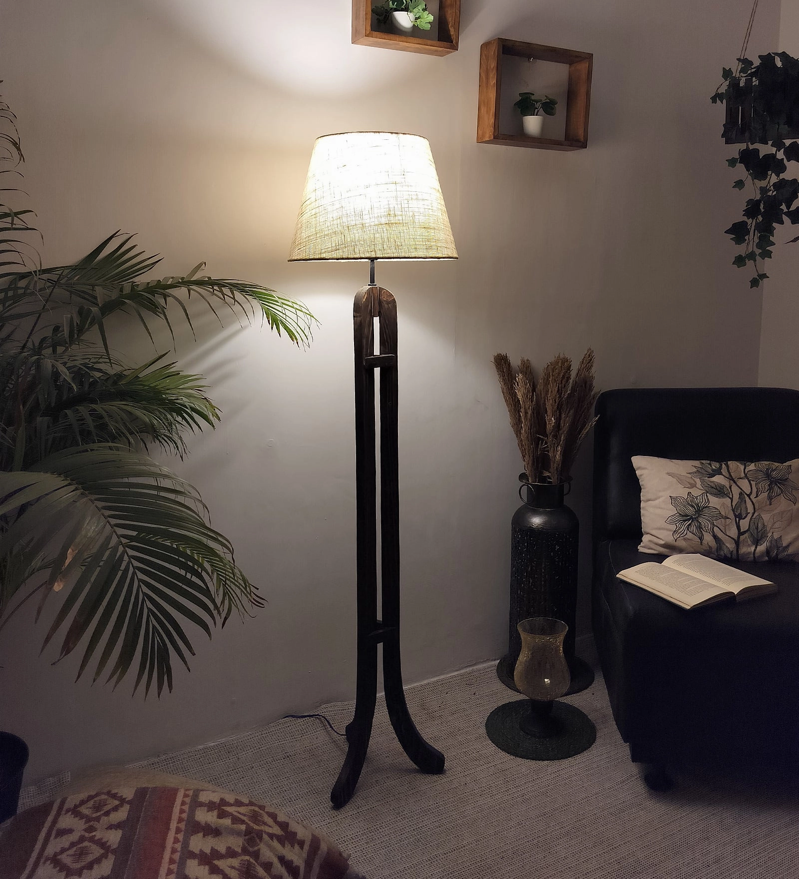 Damien Wooden Floor Lamp with Brown Base and Jute Fabric Lampshade (BULB NOT INCLUDED)