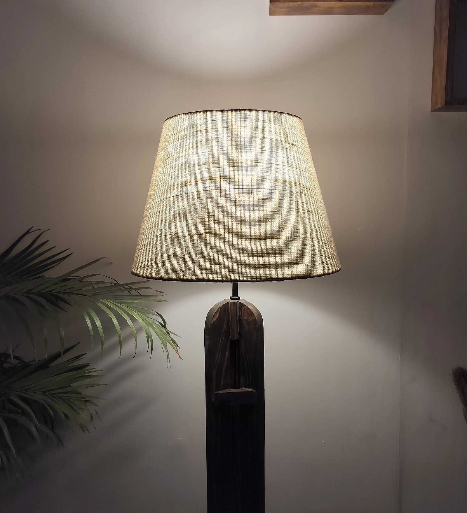 Damien Wooden Floor Lamp with Brown Base and Jute Fabric Lampshade (BULB NOT INCLUDED)