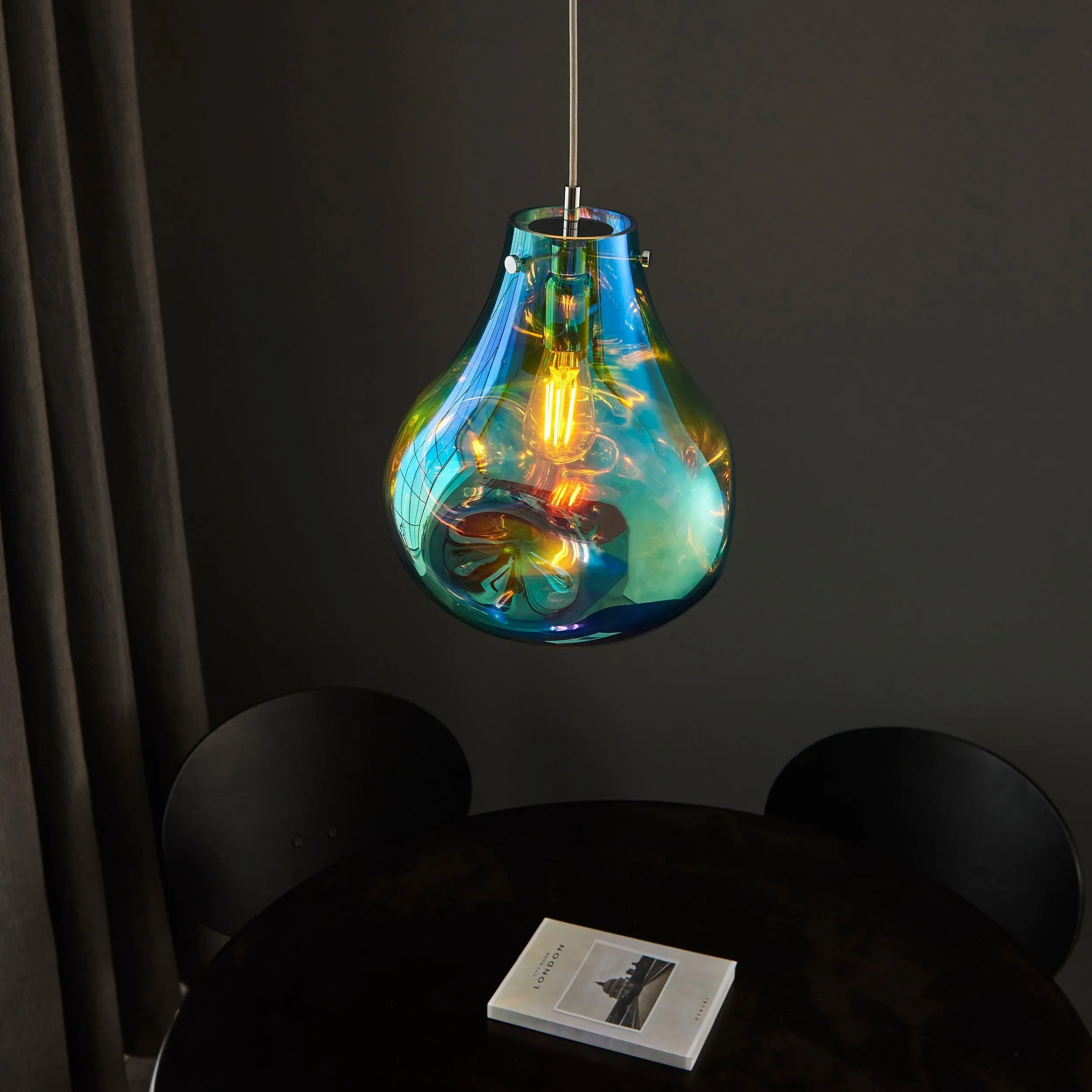 Dazzle Large Blown Petrol Glass & Chrome Pendant Light - Open Box