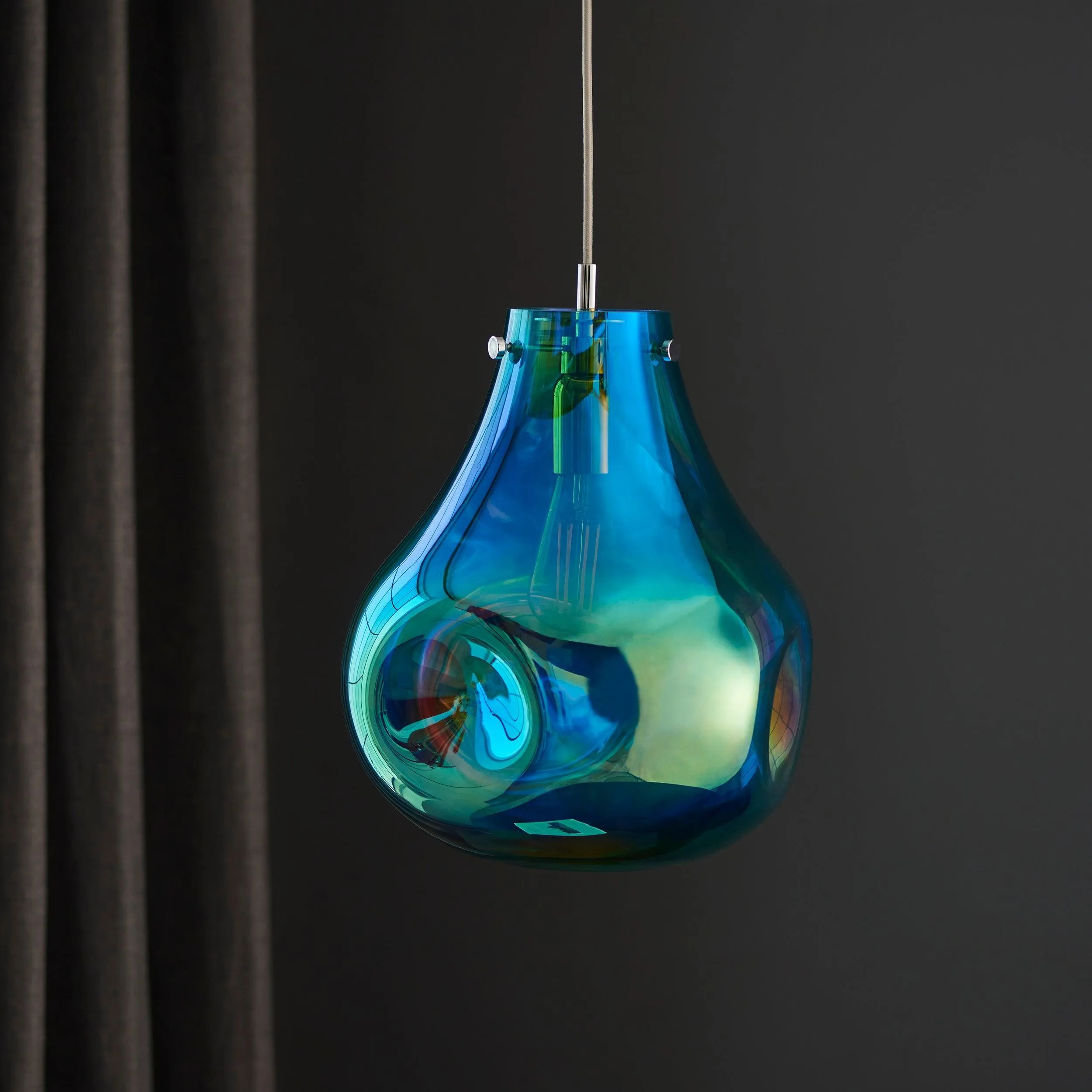 Dazzle Large Blown Petrol Glass & Chrome Pendant Light - Open Box