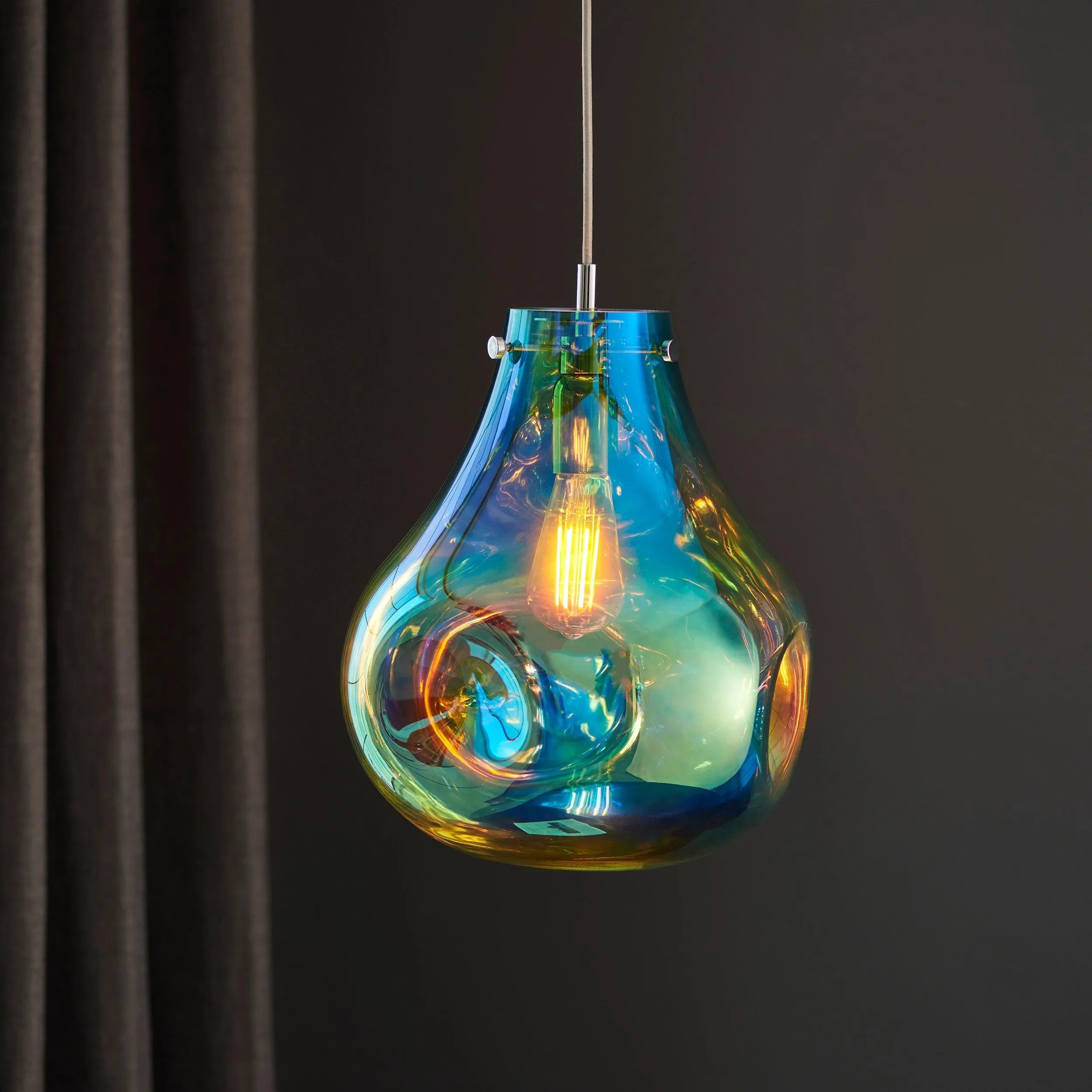 Dazzle Large Blown Petrol Glass & Chrome Pendant Light - Open Box