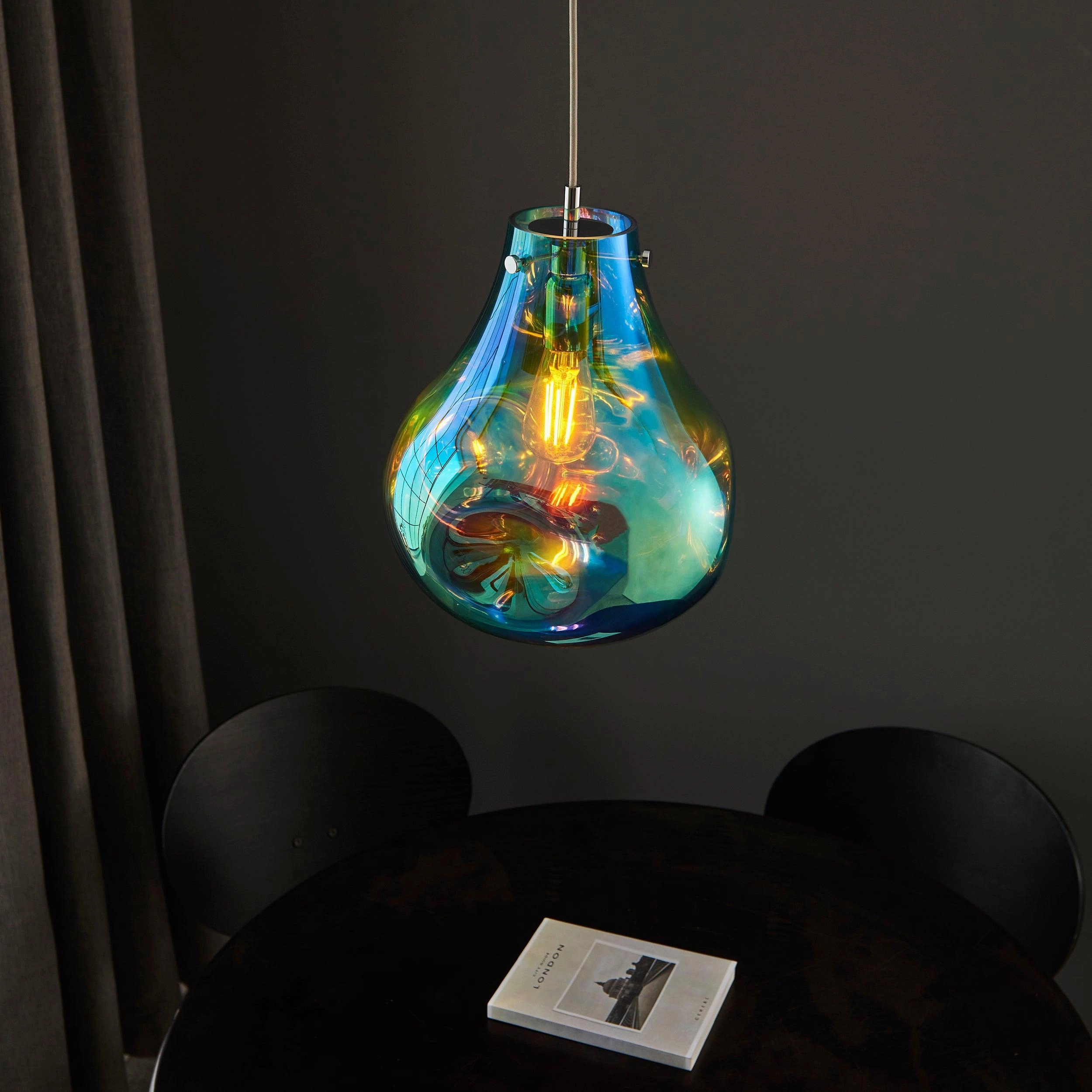 Dazzle Large Blown Petrol Glass & Chrome Pendant Light