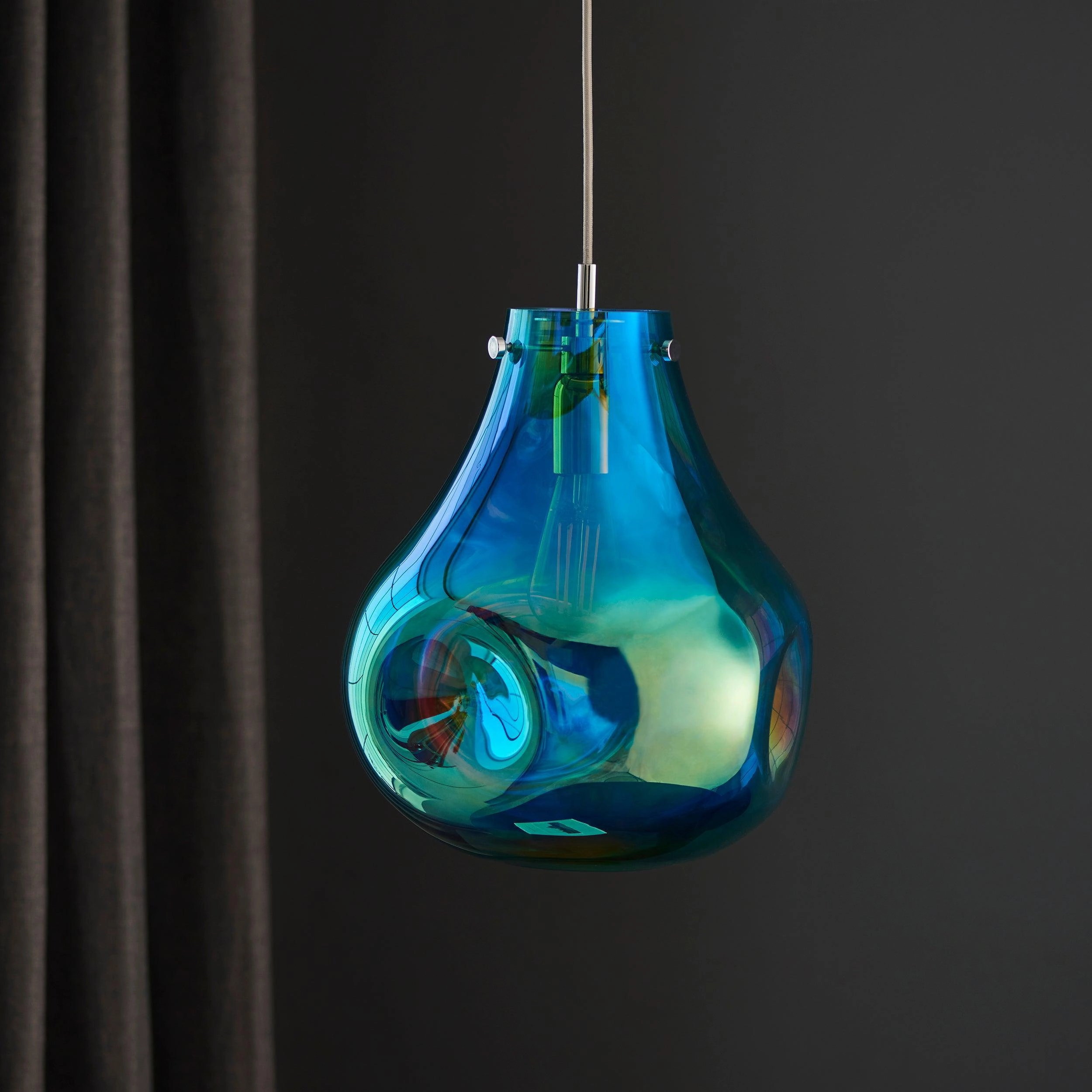 Dazzle Large Blown Petrol Glass & Chrome Pendant Light - Open Box