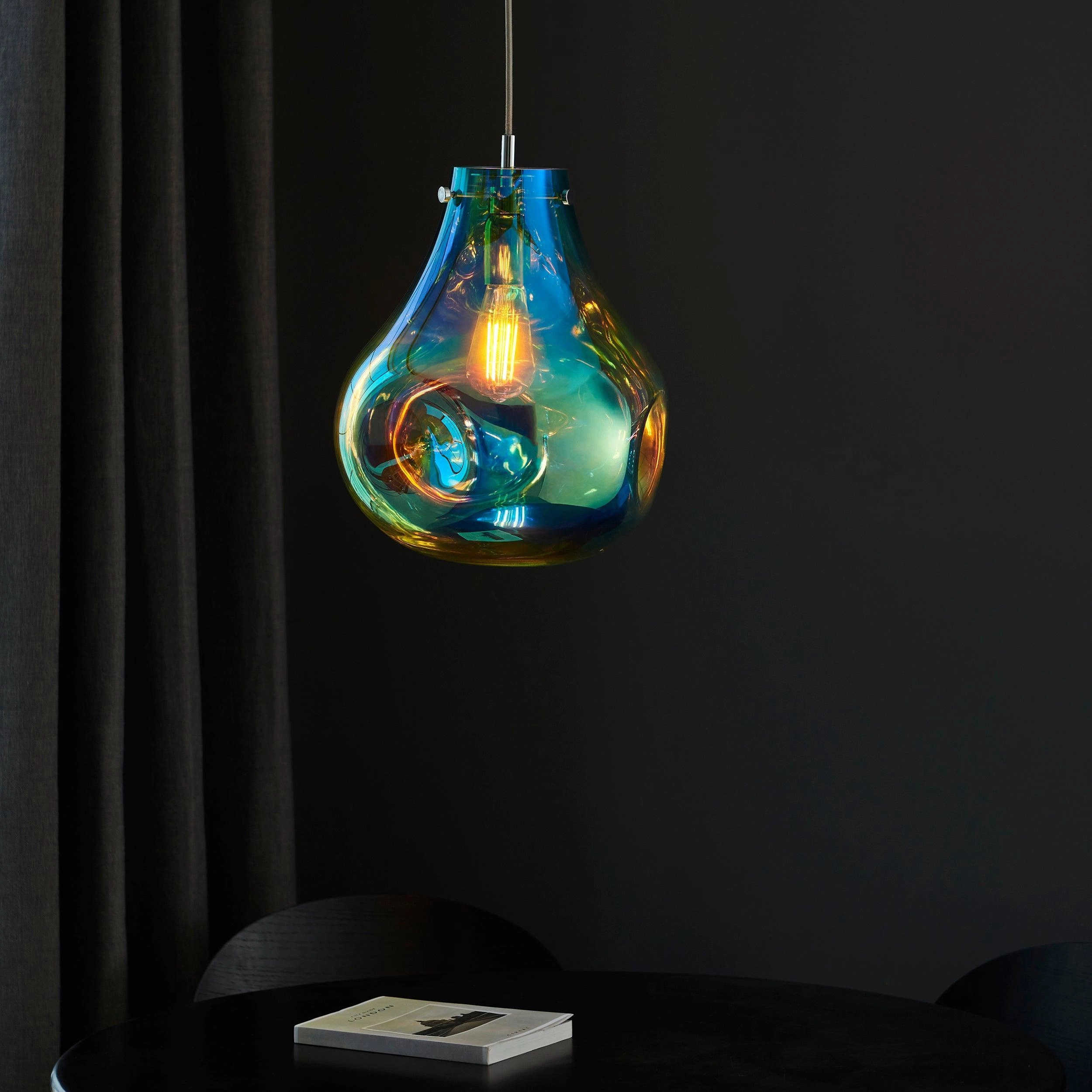 Dazzle Large Blown Petrol Glass & Chrome Pendant Light - Open Box