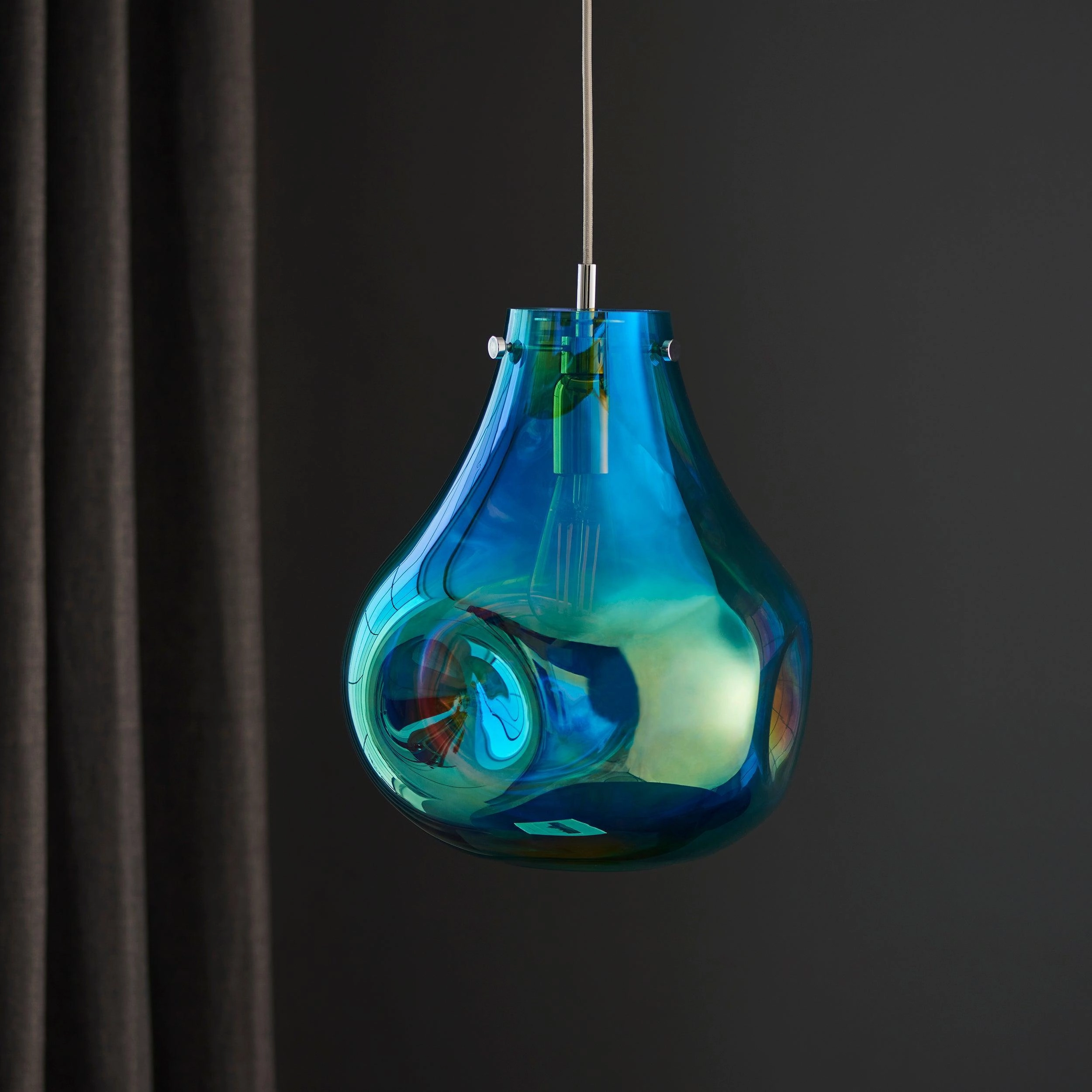 Dazzle Large Blown Petrol Glass & Chrome Pendant Light - Open Box