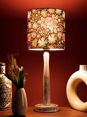 Distress White Wooden Lamp with Black Floral Stitch Shade decorative ceiling fixture
