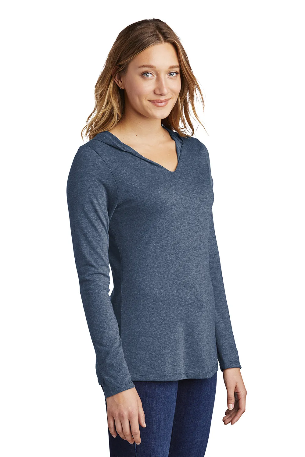 District Womens Perfect Tri Long Sleeve Hooded T-Shirt Hoodie - Navy Blue Frost  Buy new Clothing District