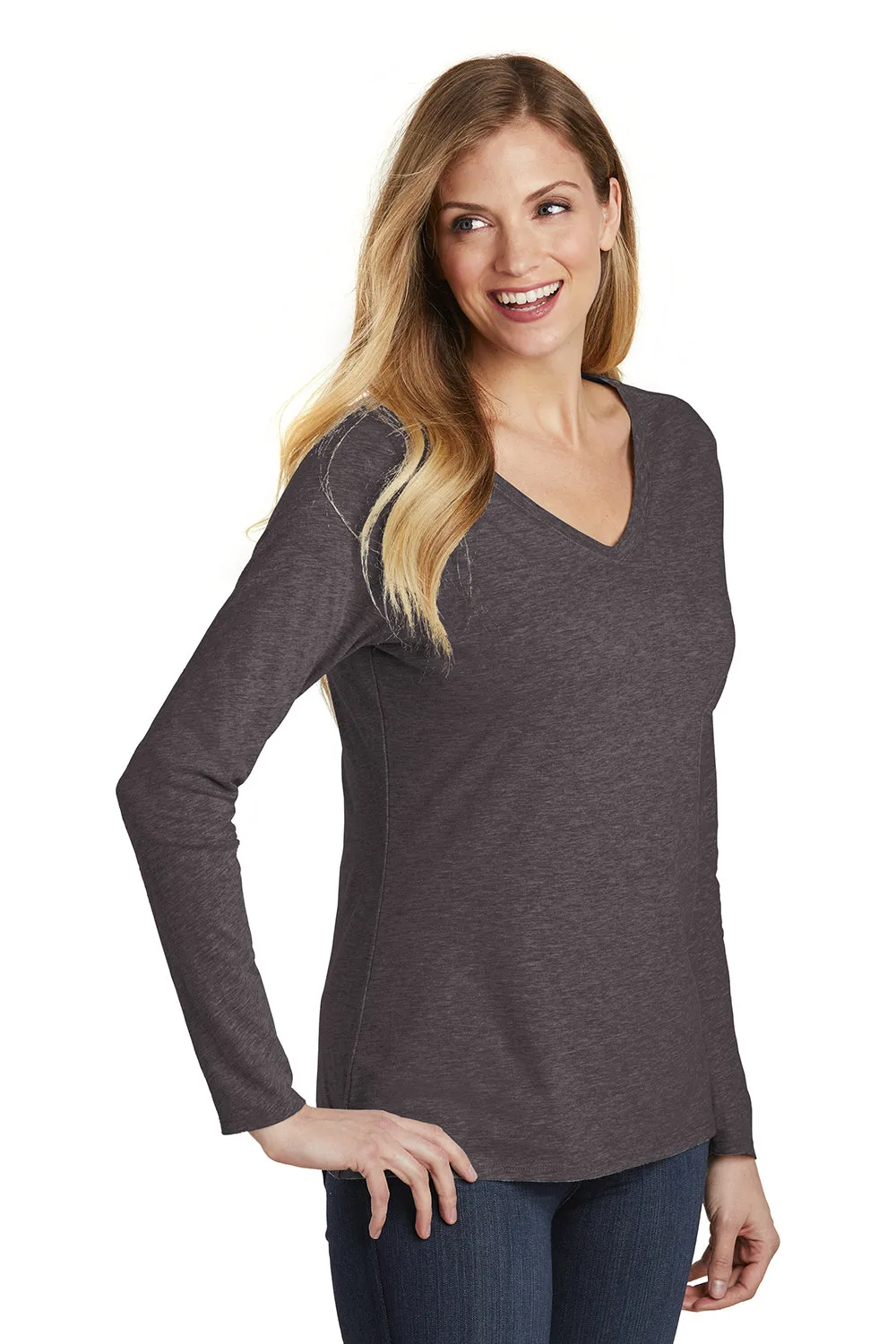 District Womens Very Important Long Sleeve V-Neck T-Shirts - Heather Charcoal Grey  Buy new Clothing District