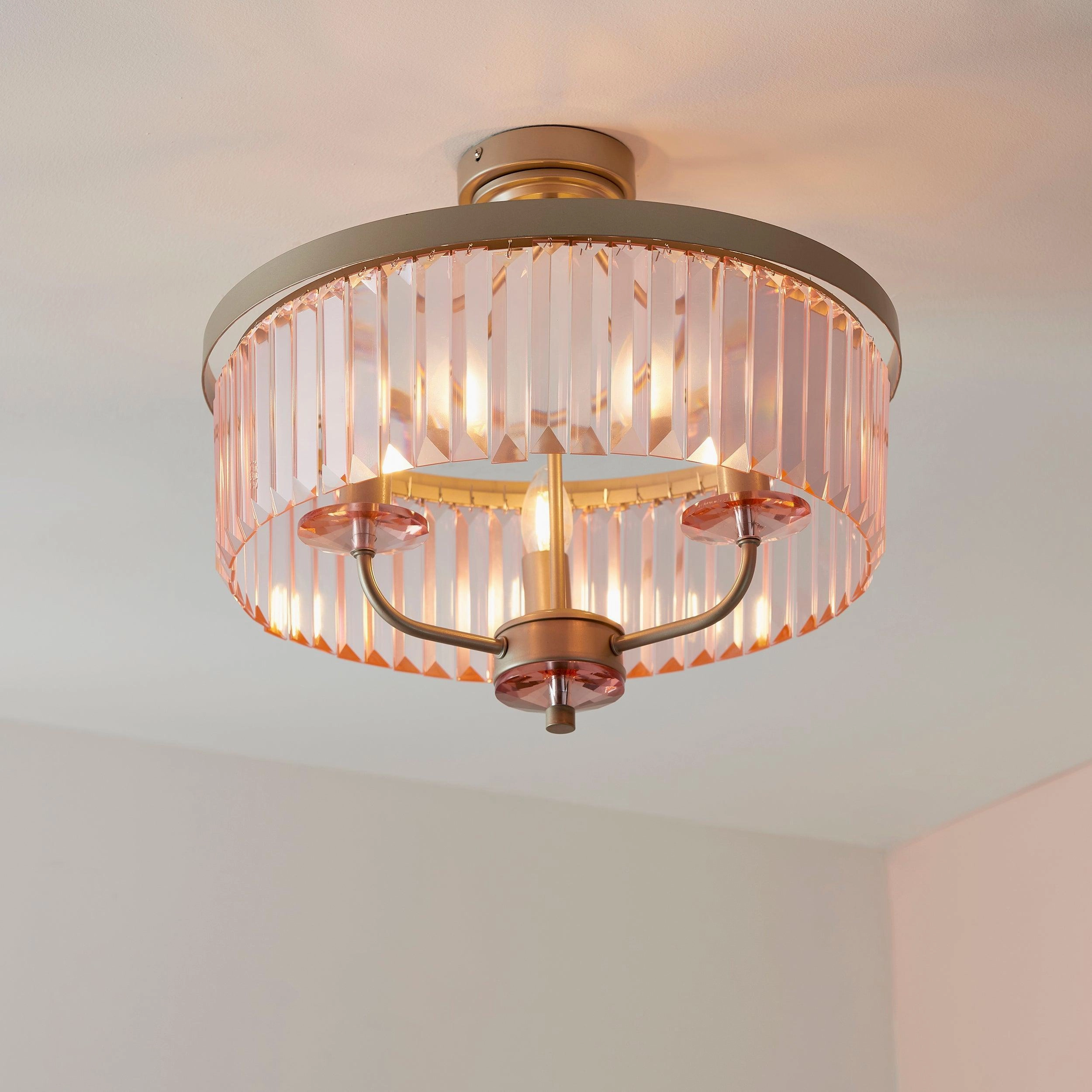 Ealing 3 Light Round Champagne & Pink Cut Glass Semi Flush
