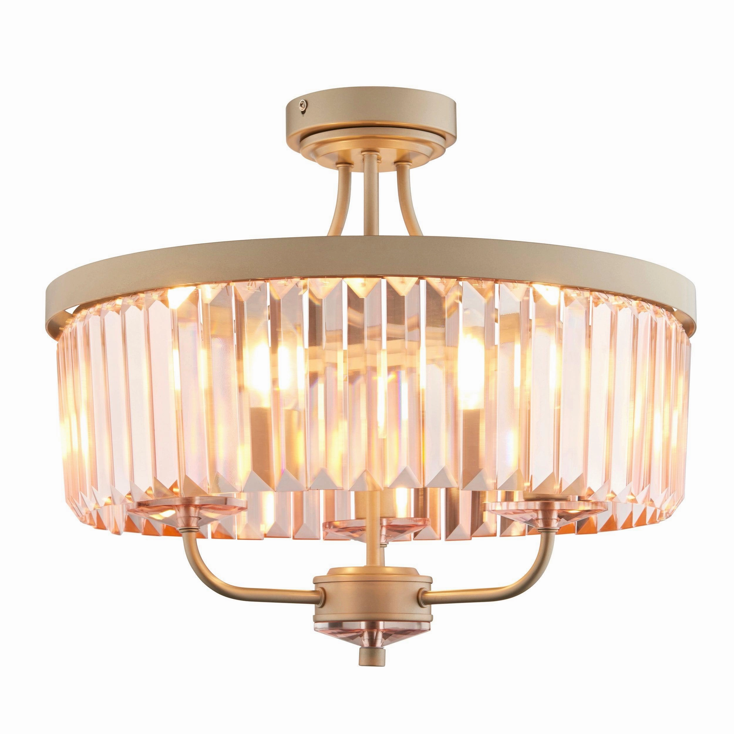 Ealing 3 Light Round Champagne & Pink Cut Glass Semi Flush white ceiling lamp