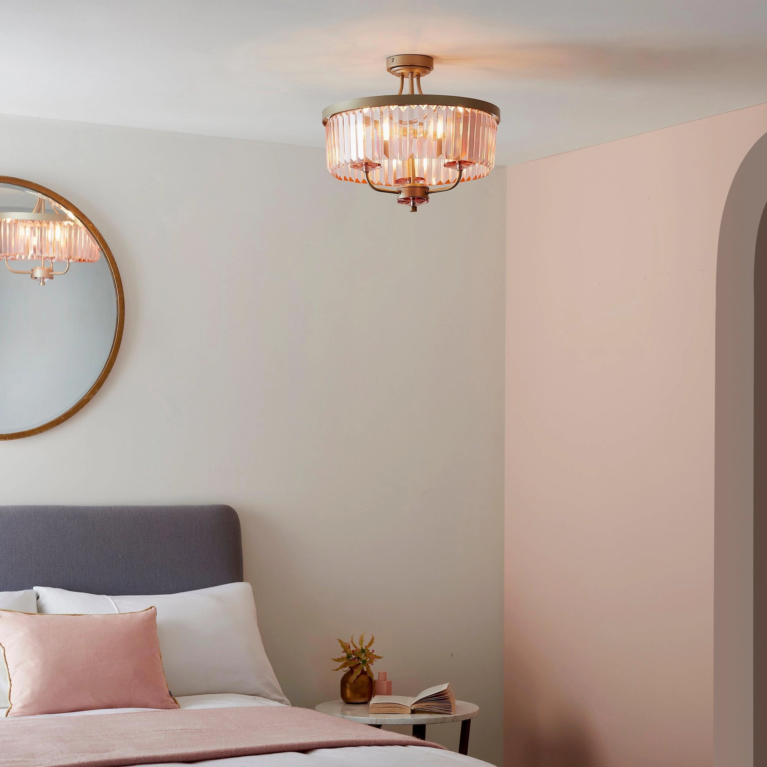 Ealing 3 Light Round Champagne & Pink Cut Glass Semi Flush