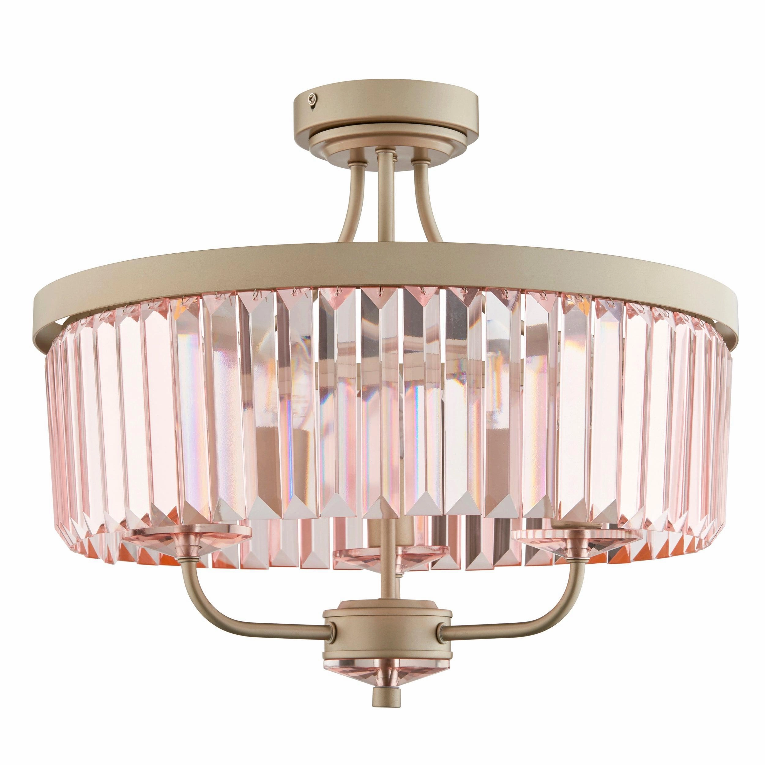 Ealing 3 Light Round Champagne & Pink Cut Glass Semi Flush