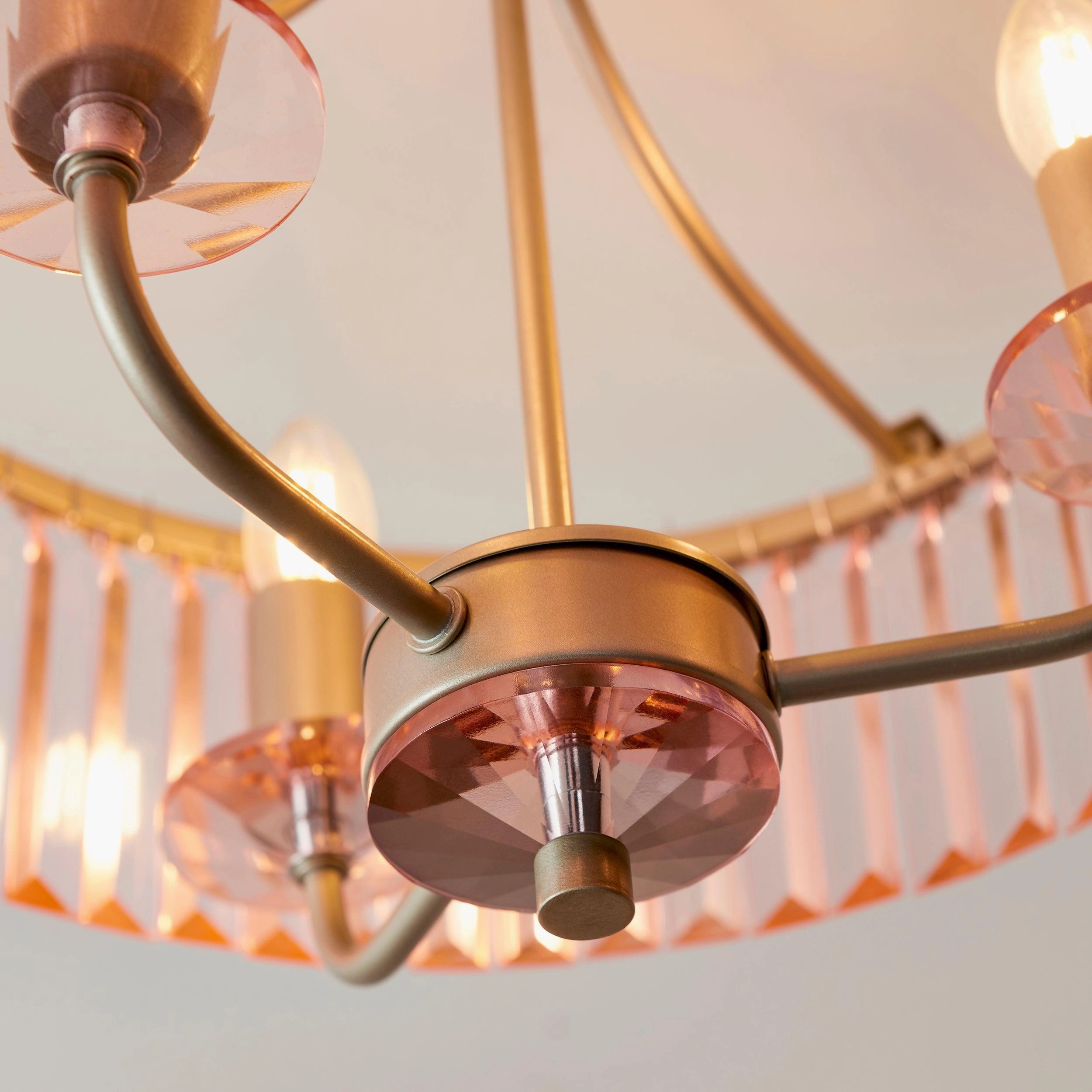 Ealing 3 Light Round Champagne & Pink Cut Glass Semi Flush