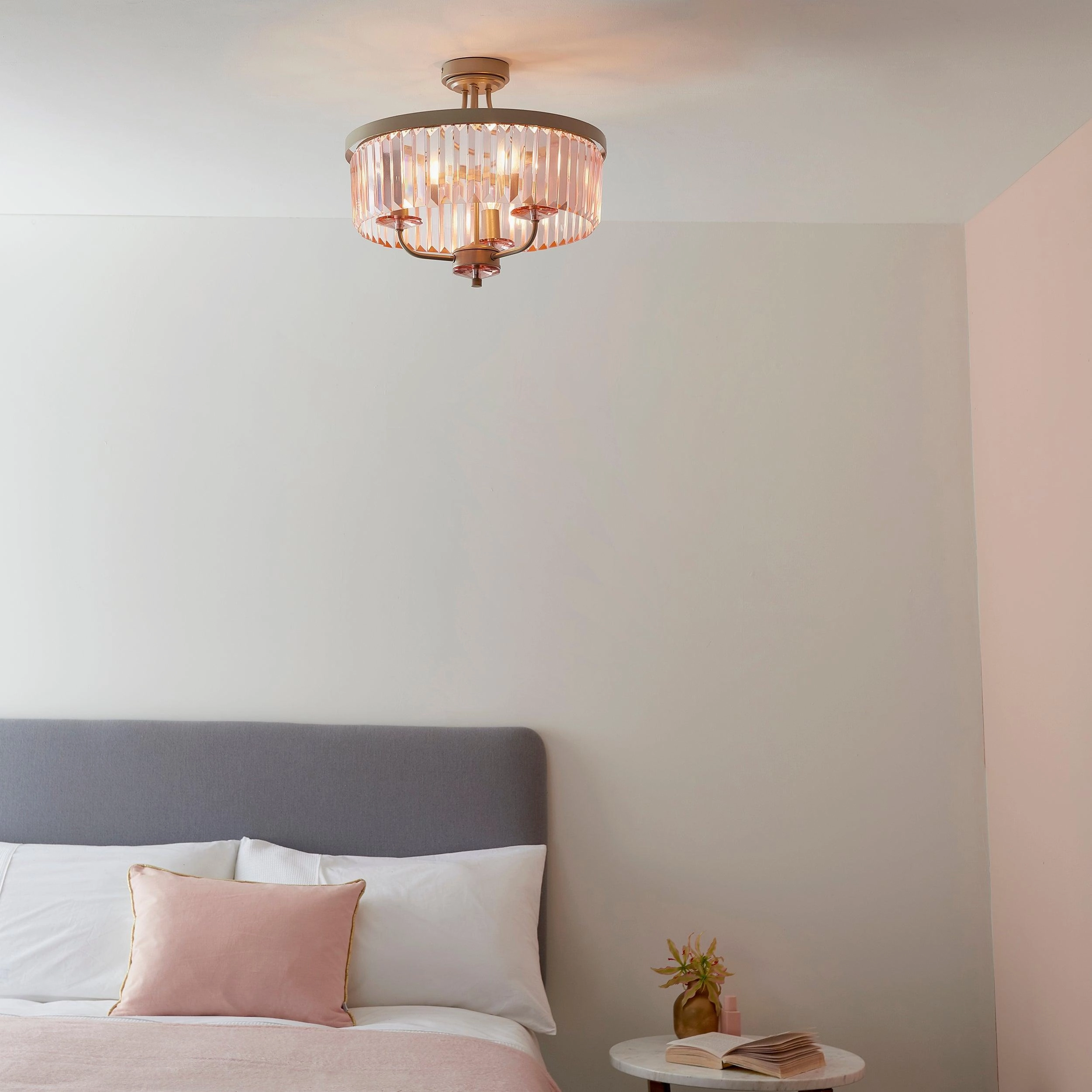 Ealing 3 Light Round Champagne & Pink Cut Glass Semi Flush