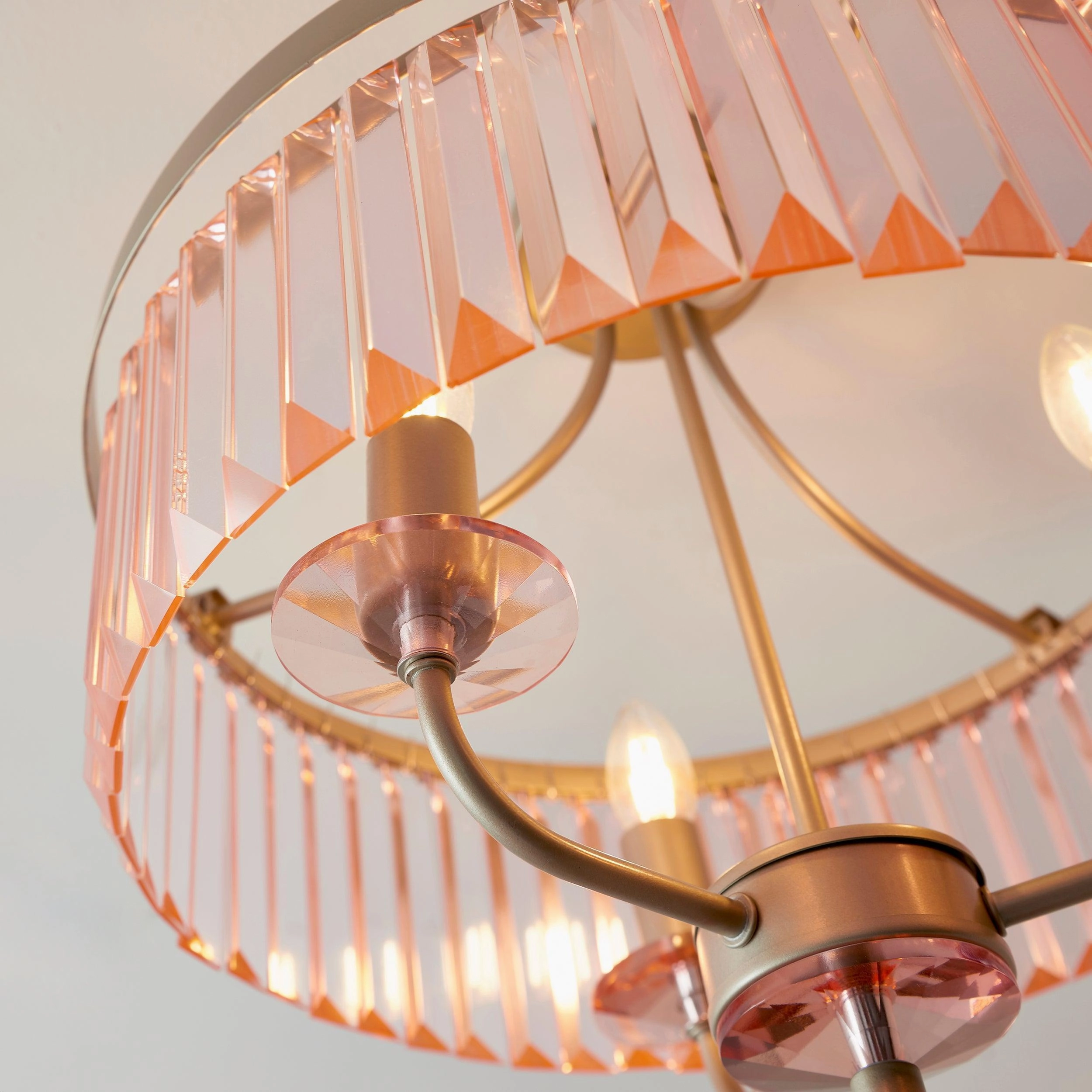 Ealing 3 Light Round Champagne & Pink Cut Glass Semi Flush