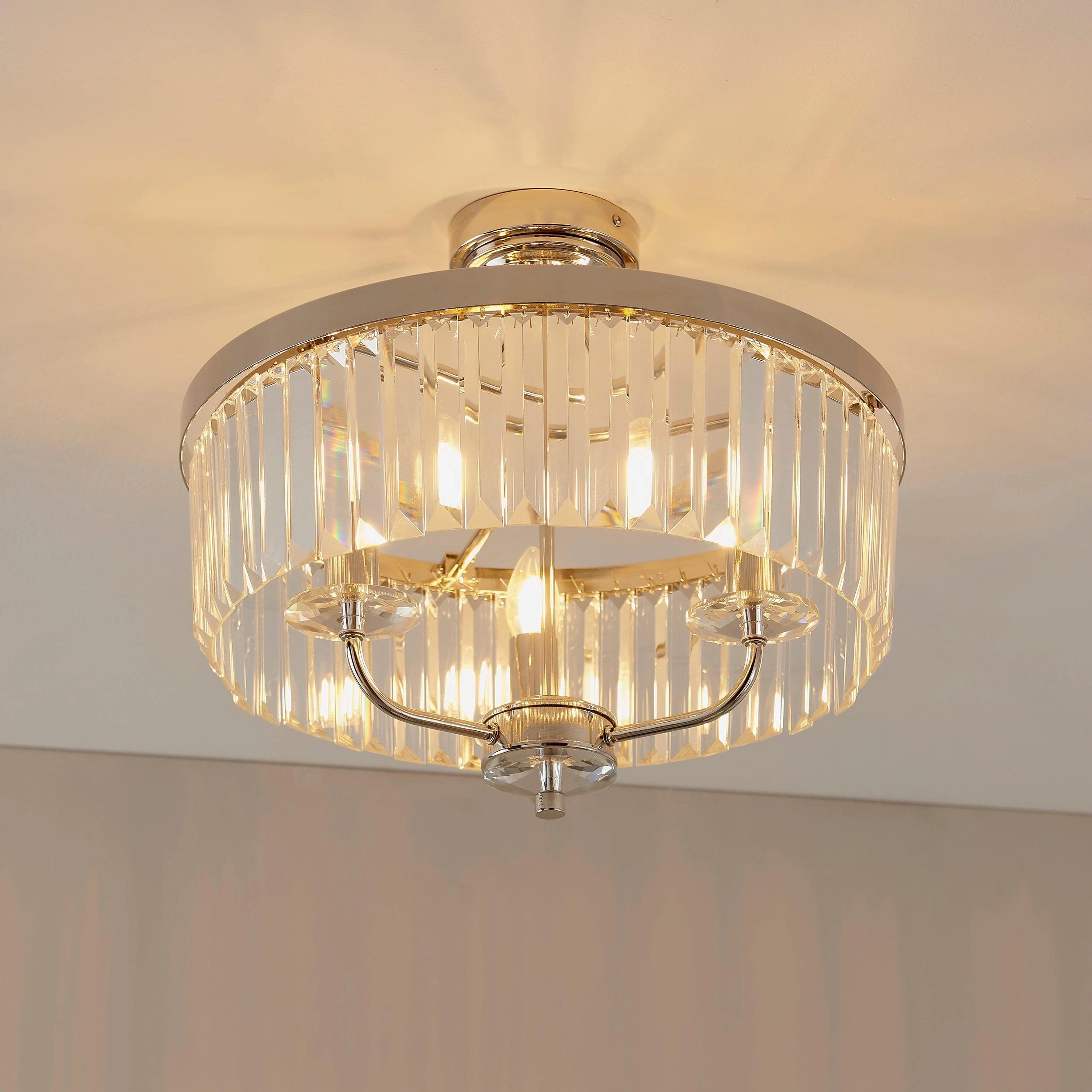Ealing 3 Light Round Nickel & Clear Cut Glass Semi Flush - Open Box