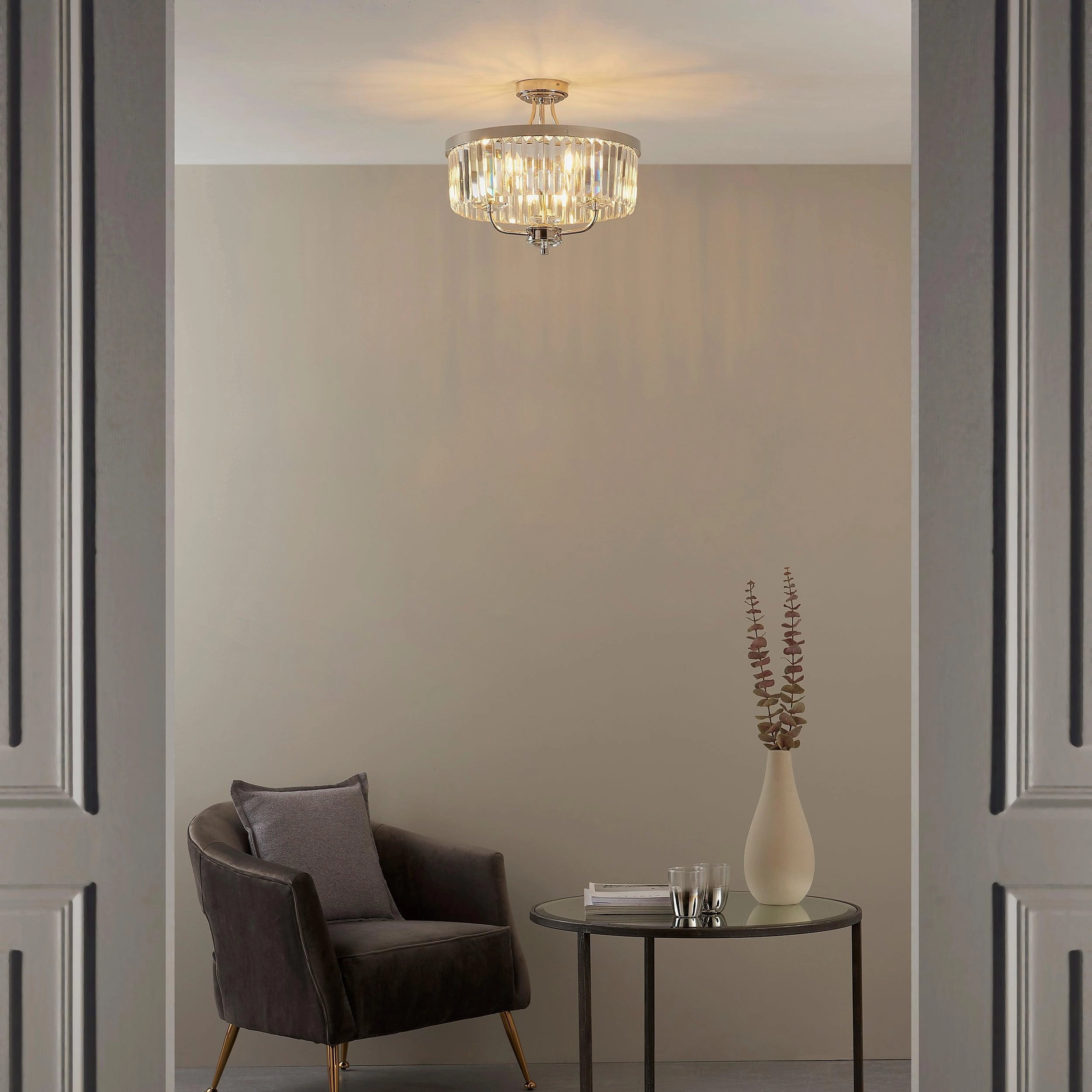 Ealing 3 Light Round Nickel & Clear Cut Glass Semi Flush - Open Box