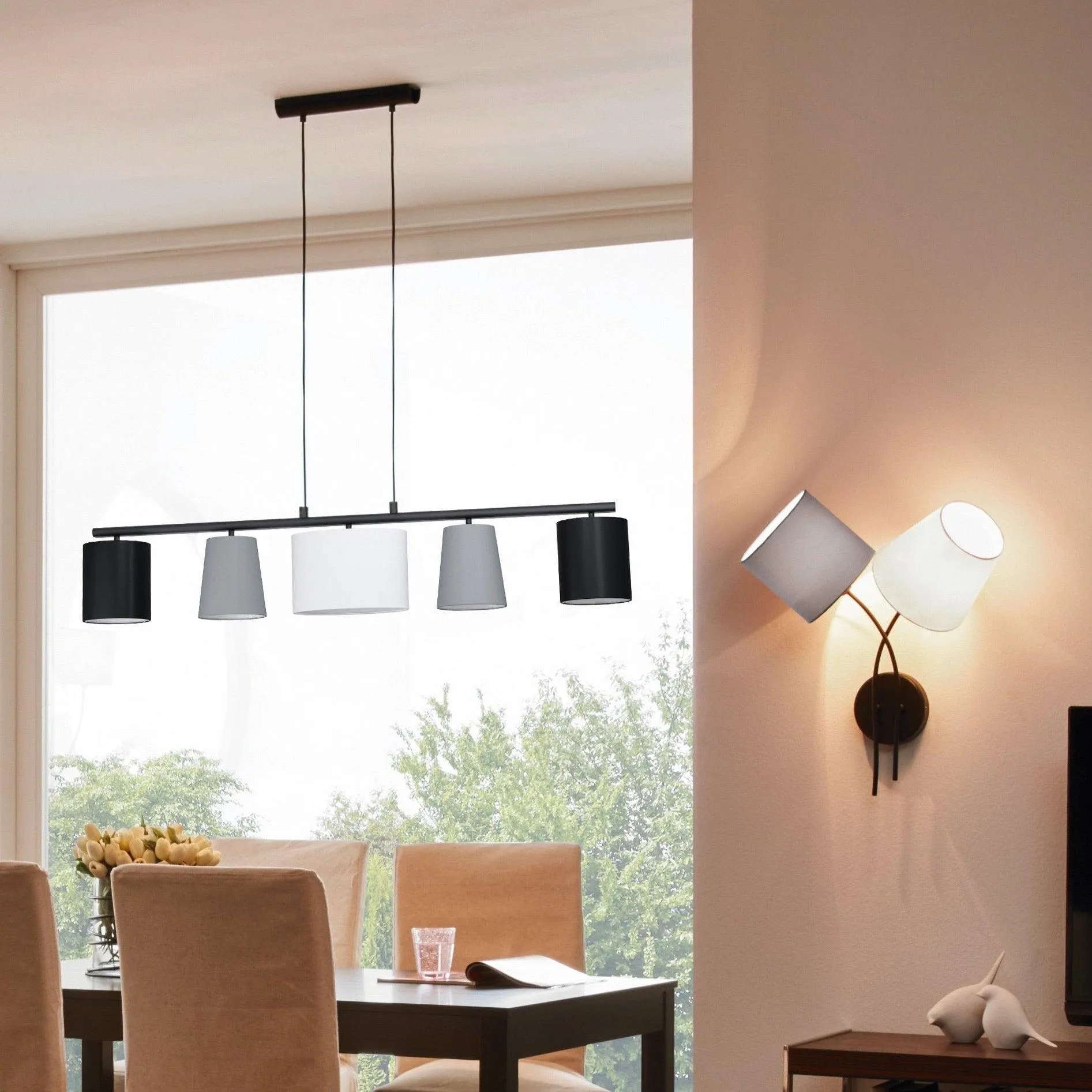 Eglo Almeida 1 5 Light Grey & White Fabric Shade Pendant