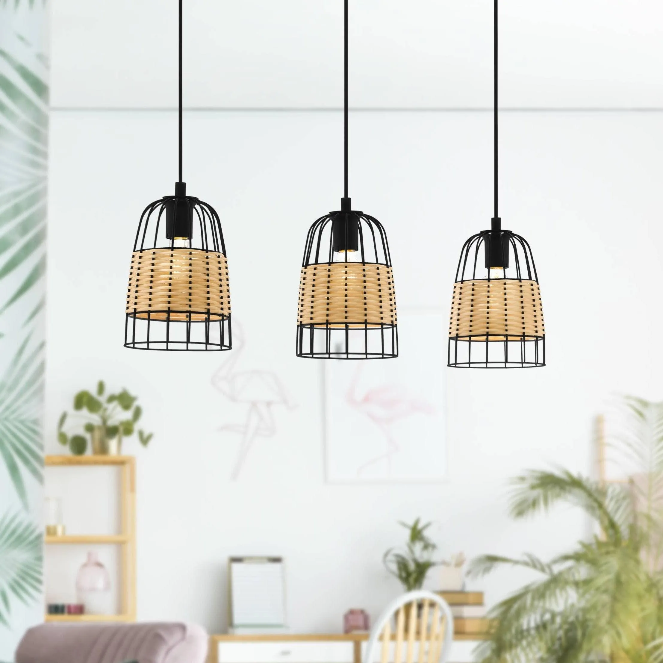 Eglo Anwick 3 Light Black Frame & Rattan Ceiling Pendant flush mount ceiling fixture