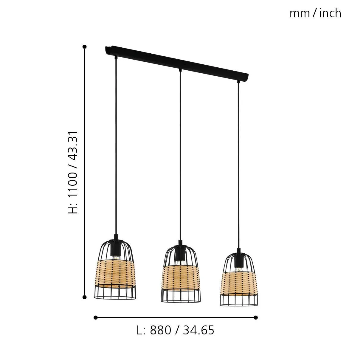 Eglo Anwick 3 Light Black Frame & Rattan Ceiling Pendant
