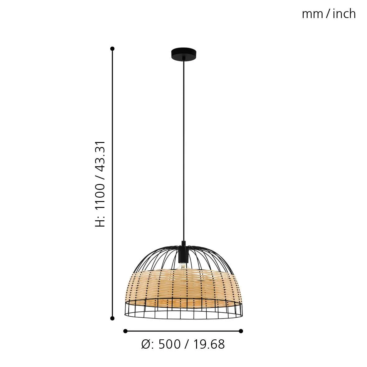 Eglo Anwick Black Metal Frame & Rattan Ceiling Pendant - 50cm