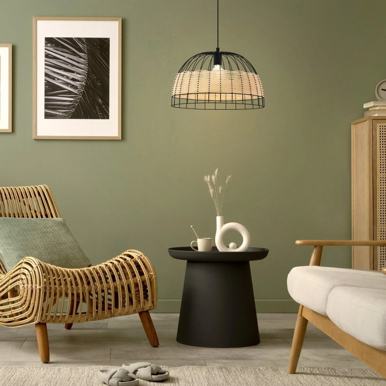 Eglo Anwick Black Metal Frame & Rattan Ceiling Pendant - 50cm flush mount ceiling fixture