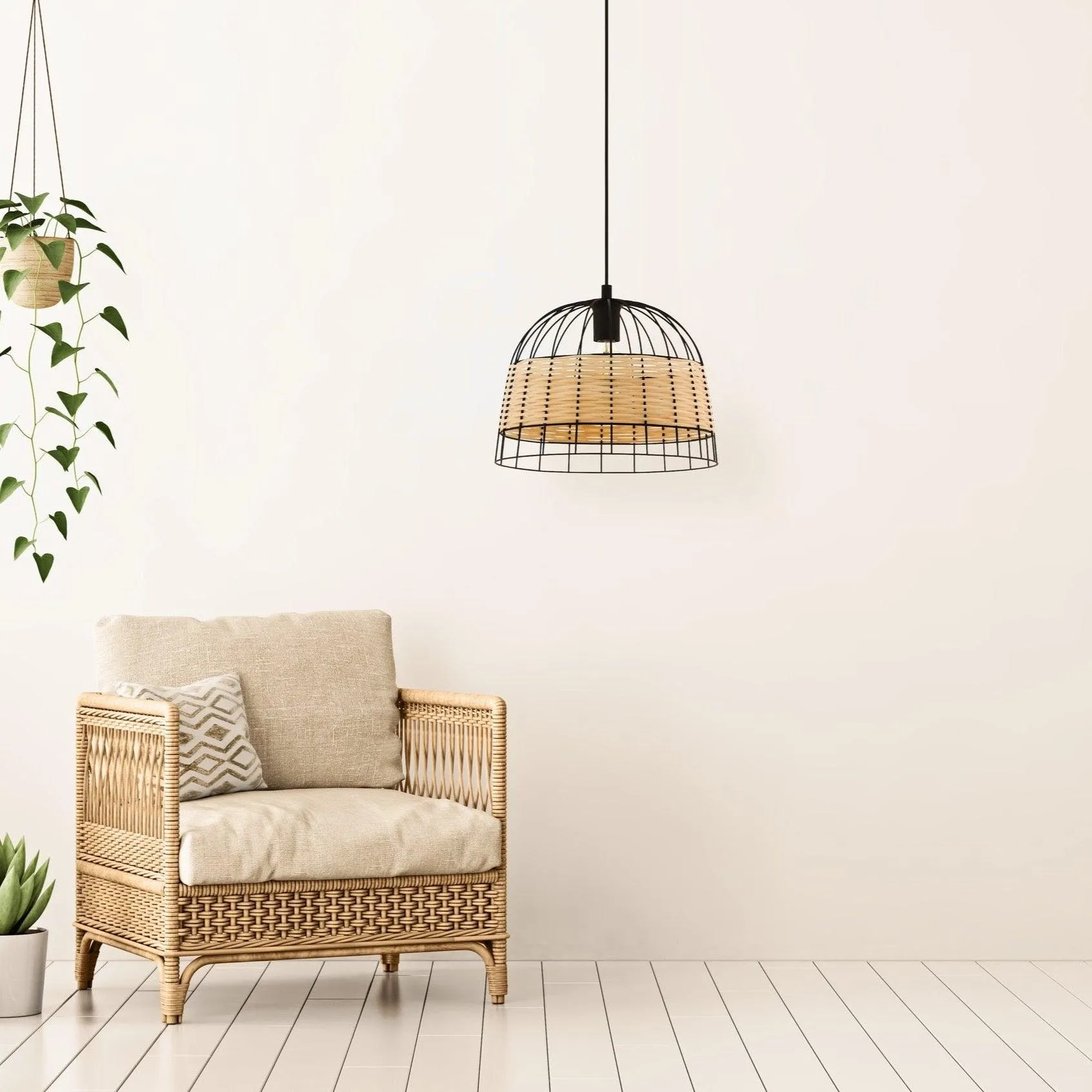 Eglo Anwick Black Metal Frame & Woven Rattan Ceiling Pendant