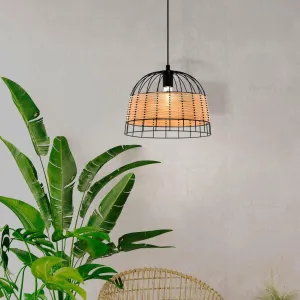 Eglo Anwick Black Metal Frame & Woven Rattan Ceiling Pendant flush mount ceiling fixture