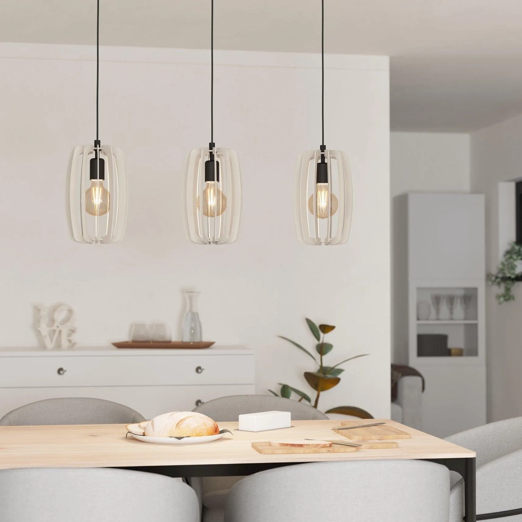 Eglo Bajazzara 3 Light Grey Wood Segments Ceiling Pendant flush mount ceiling fixture