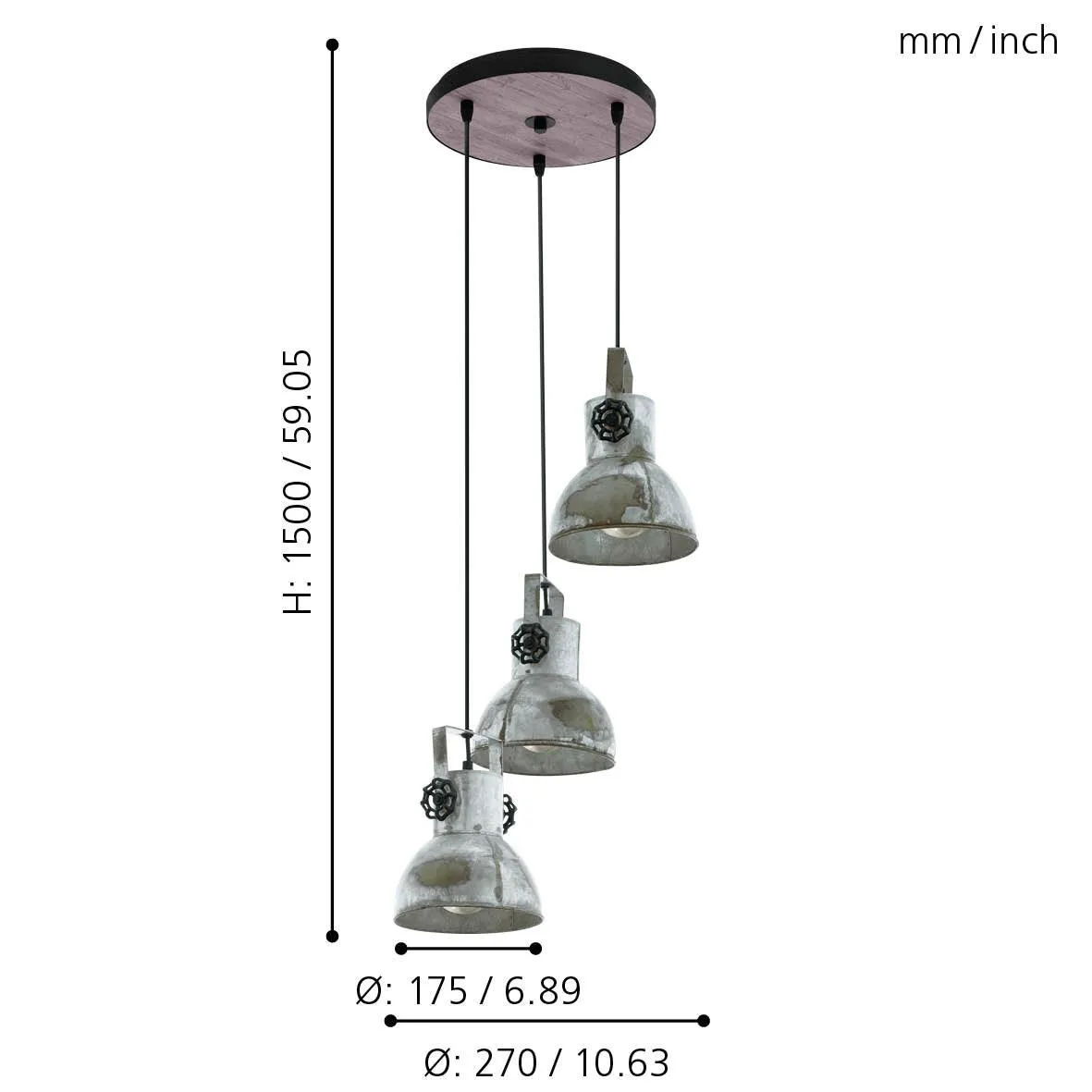 Eglo Barnstaple 3 Light Distressed Steel Ceiling Pendant