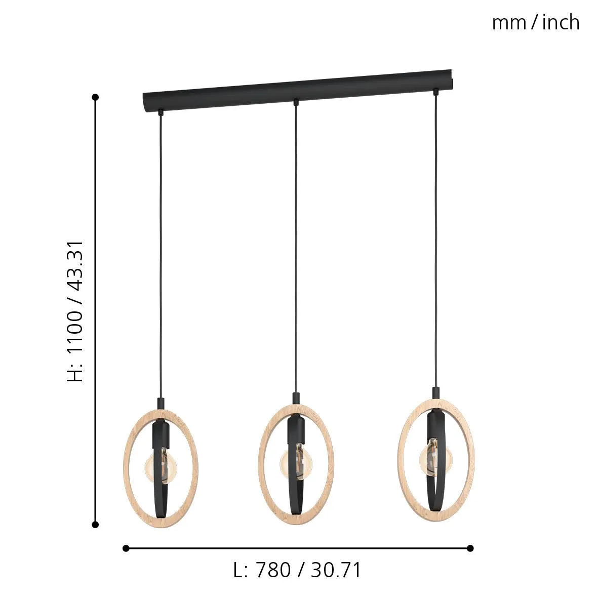Eglo Basildon 3 Light Wood & Black Oval Bar Ceiling Pendant