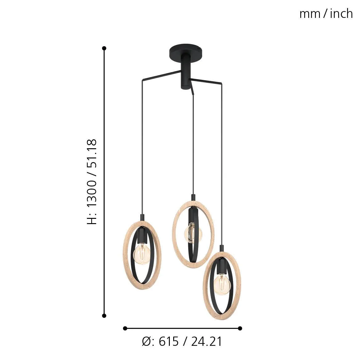 Eglo Basildon 4 Light Wood & Black Metal Oval Pendant