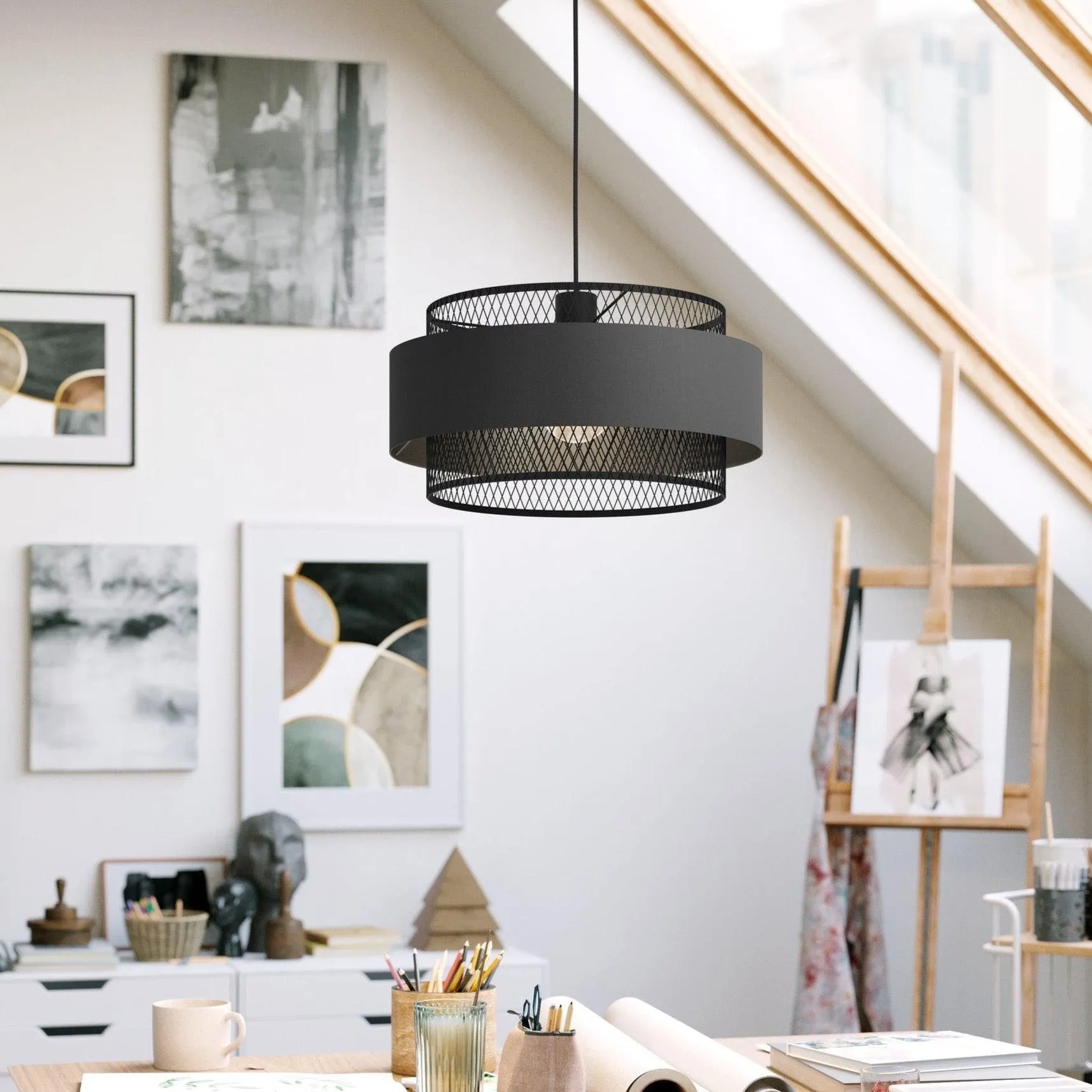 Eglo Bazely Round Black Mesh Wire Ceiling Pendant flush mount ceiling fixture